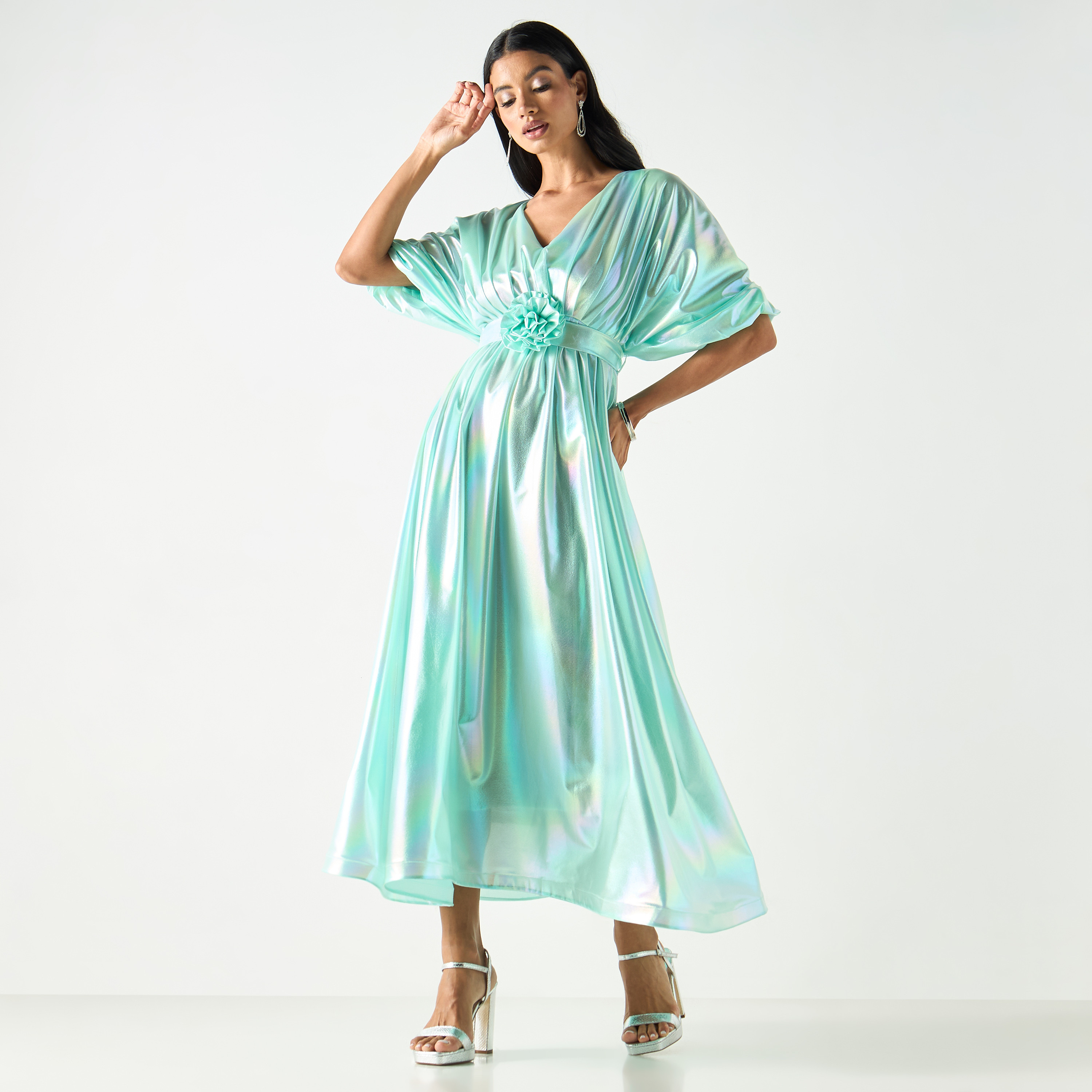 Golden Apple Kimono Sleeves Dress with Floral Applique and Tie-Up Belt-women-clothing-dresses-image-21