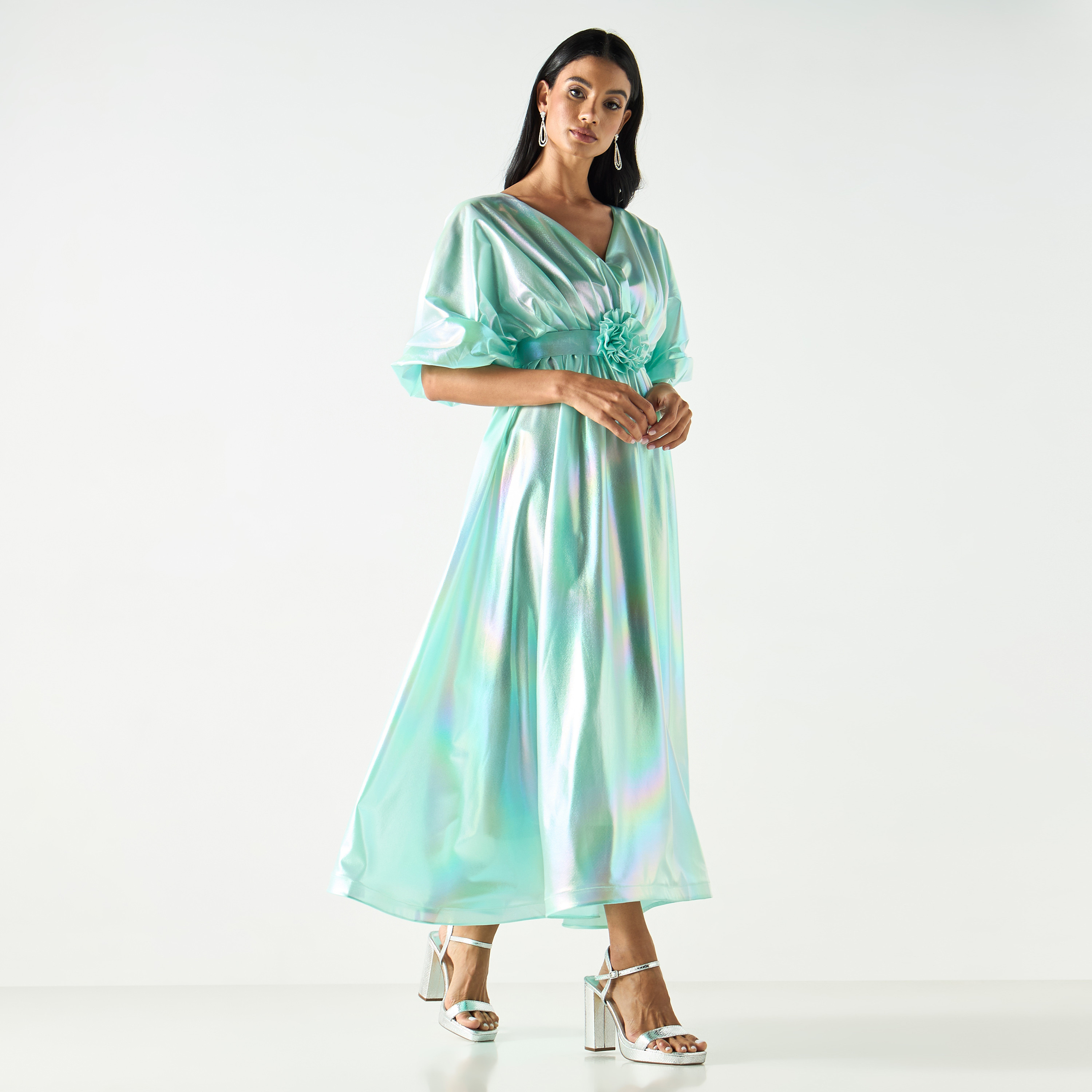 Golden Apple Kimono Sleeves Dress with Floral Applique and Tie-Up Belt-women-clothing-dresses-image-22