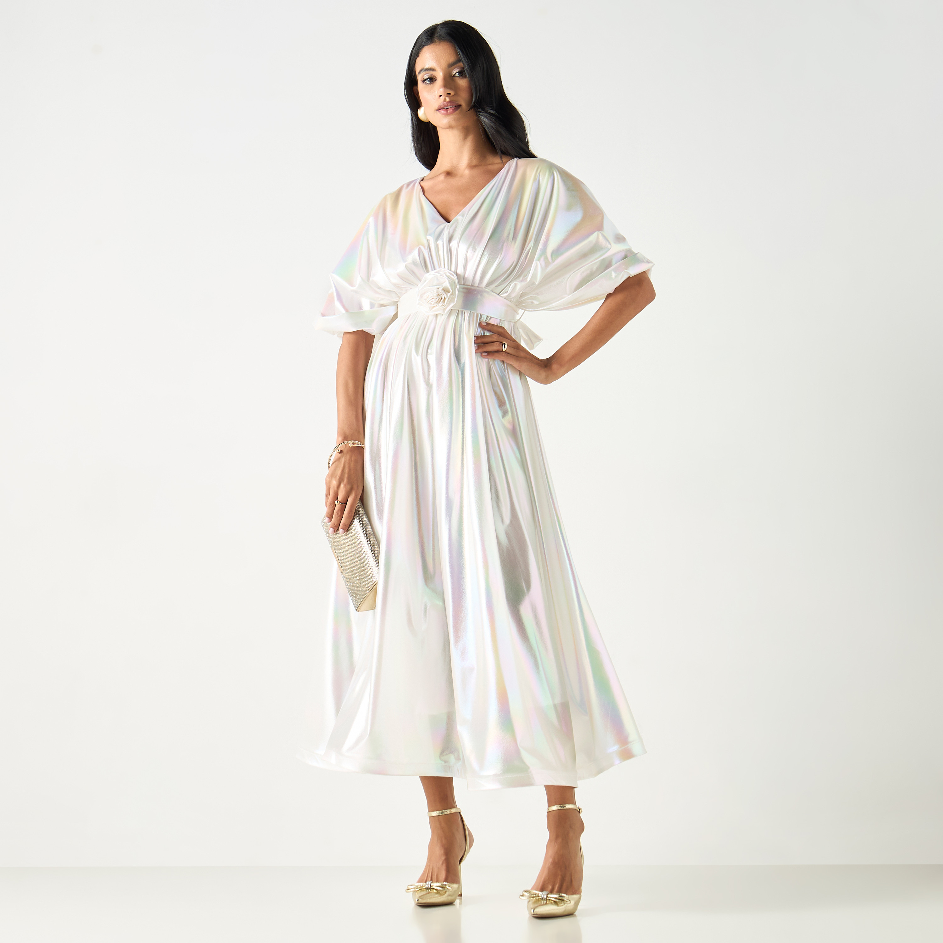 Golden Apple Kimono Sleeves Dress with Floral Applique and Tie-Up Belt-women-clothing-dresses-image-9