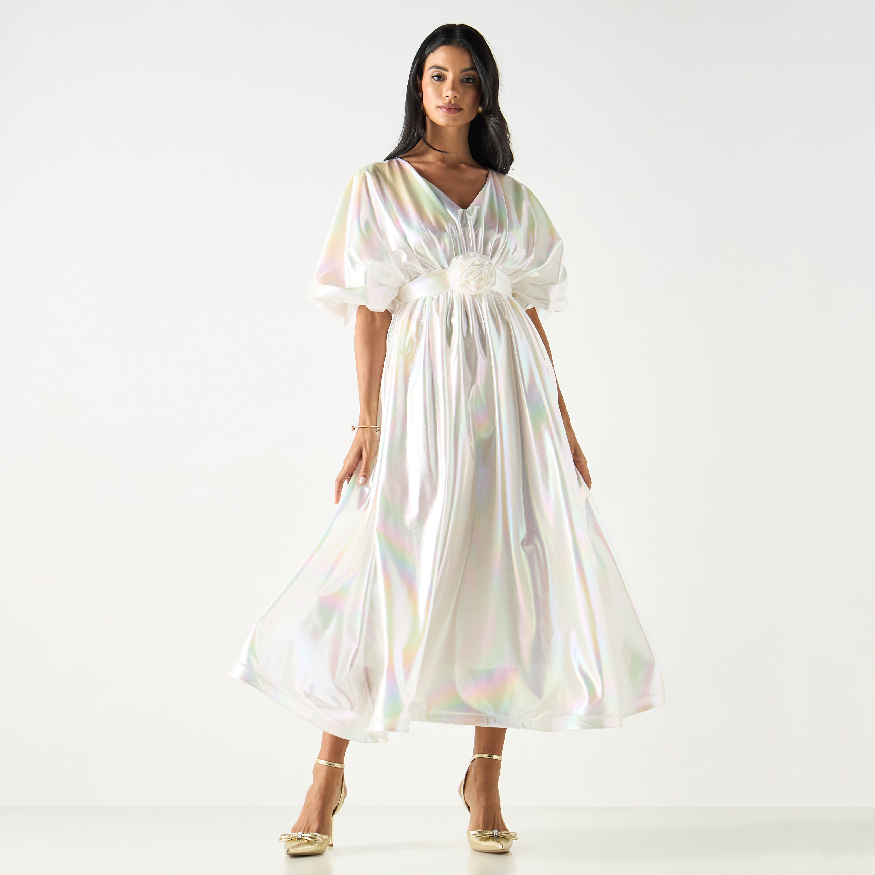 Golden Apple Kimono Sleeves Dress with Floral Applique and Tie-Up Belt-women-clothing-dresses-image-10
