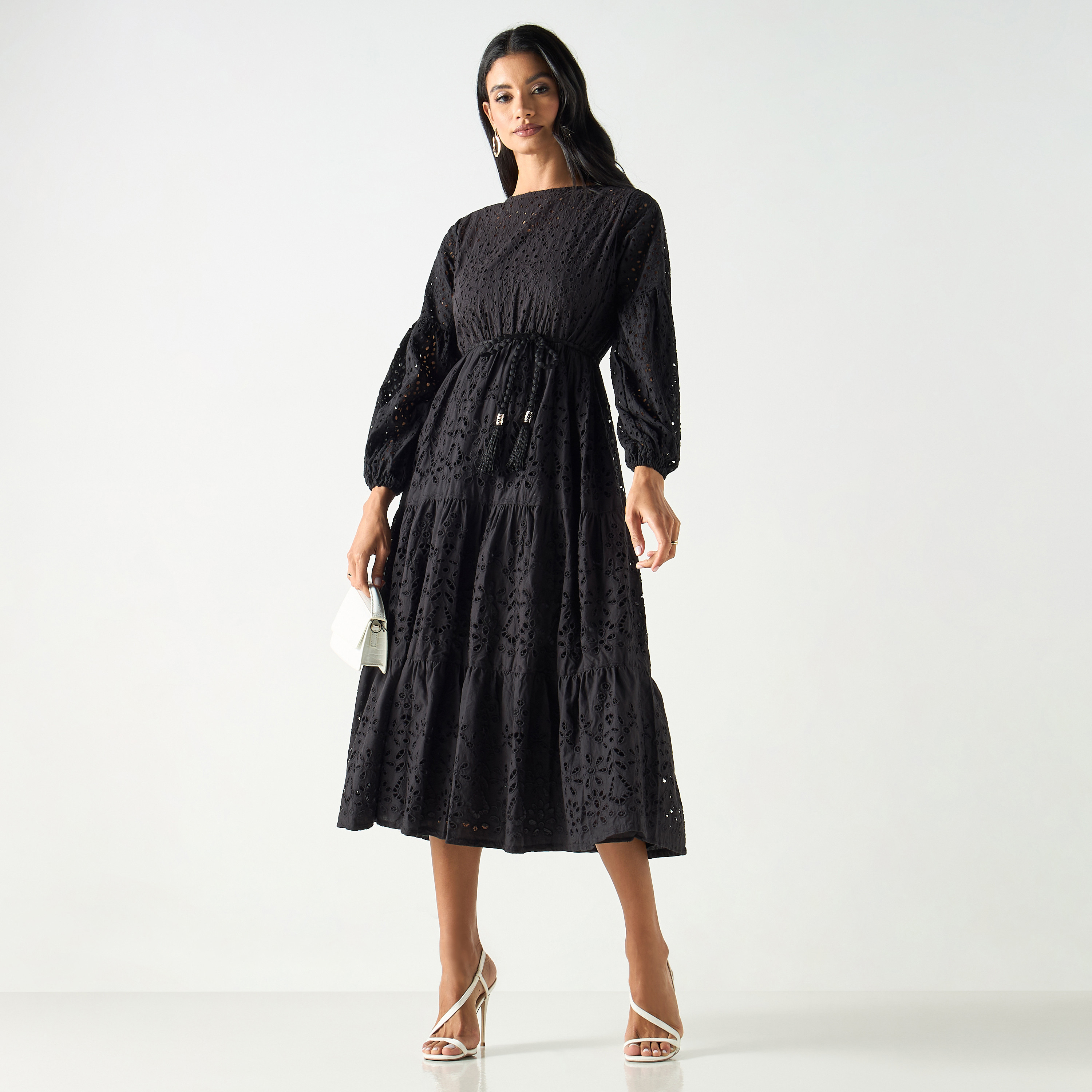 فستان طبقات بارز الملمس بياقة قارب وحزام رباط وأكمام منفوخة-women-clothing-dresses-image-5