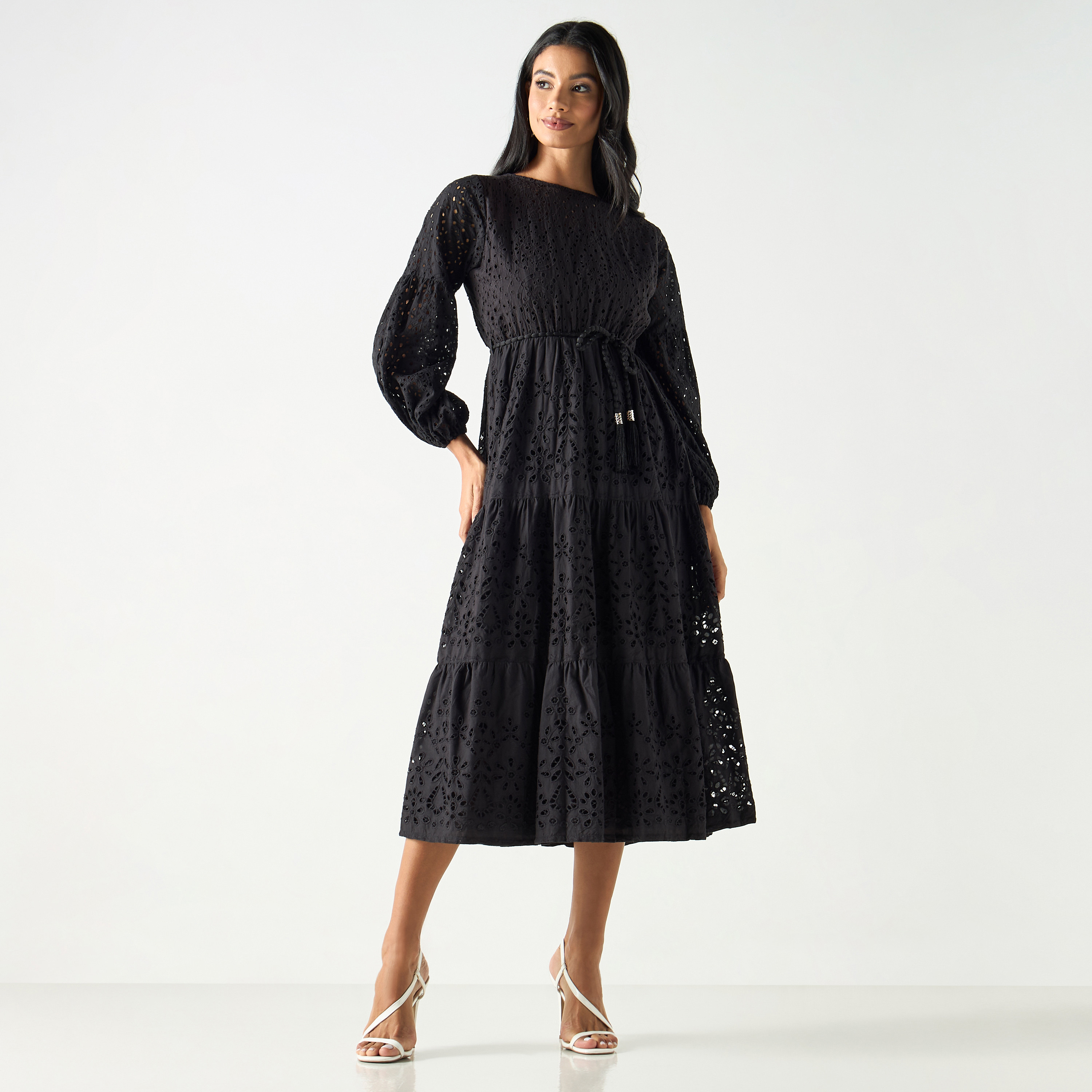 فستان طبقات بارز الملمس بياقة قارب وحزام رباط وأكمام منفوخة-women-clothing-dresses-image-6