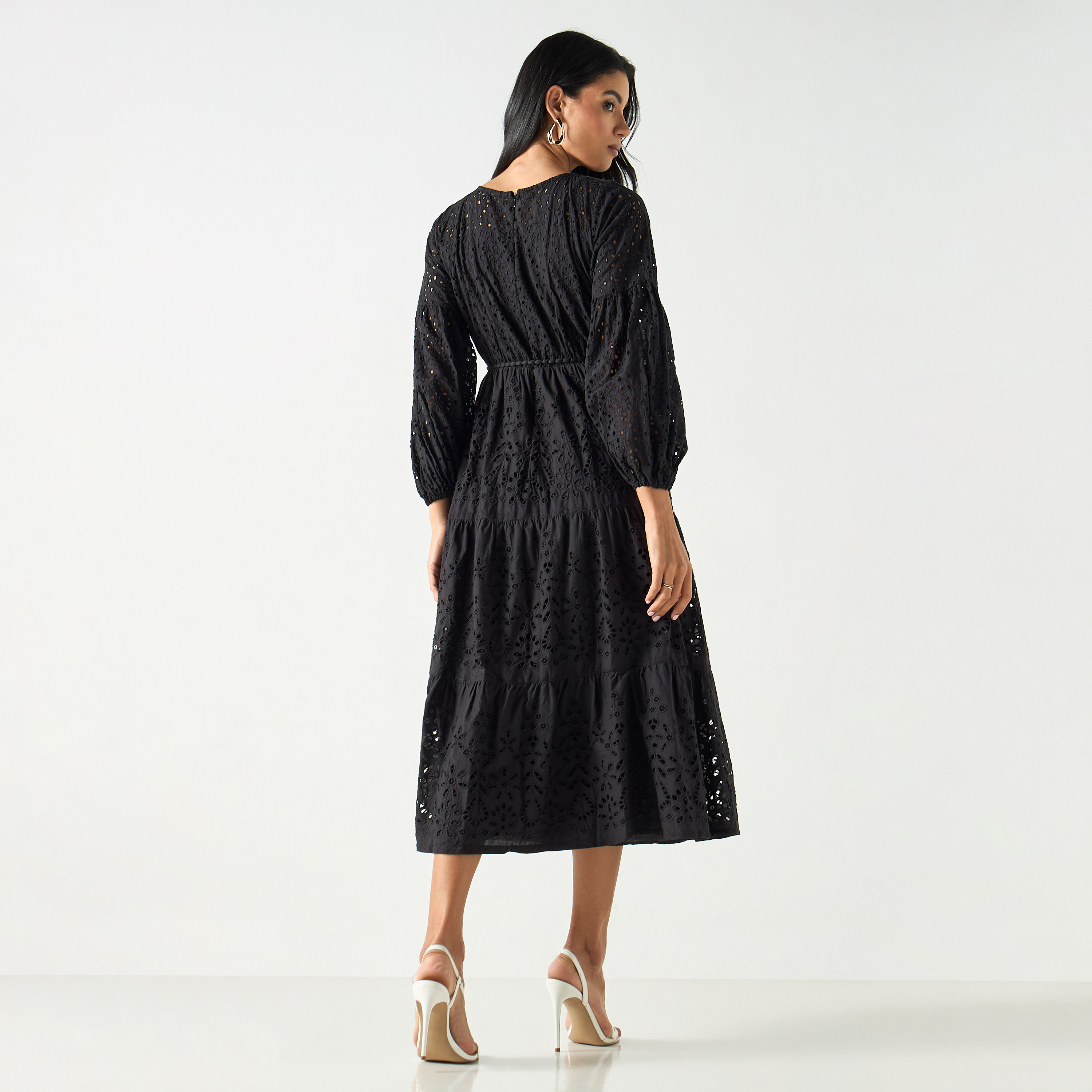فستان طبقات بارز الملمس بياقة قارب وحزام رباط وأكمام منفوخة-women-clothing-dresses-image-7