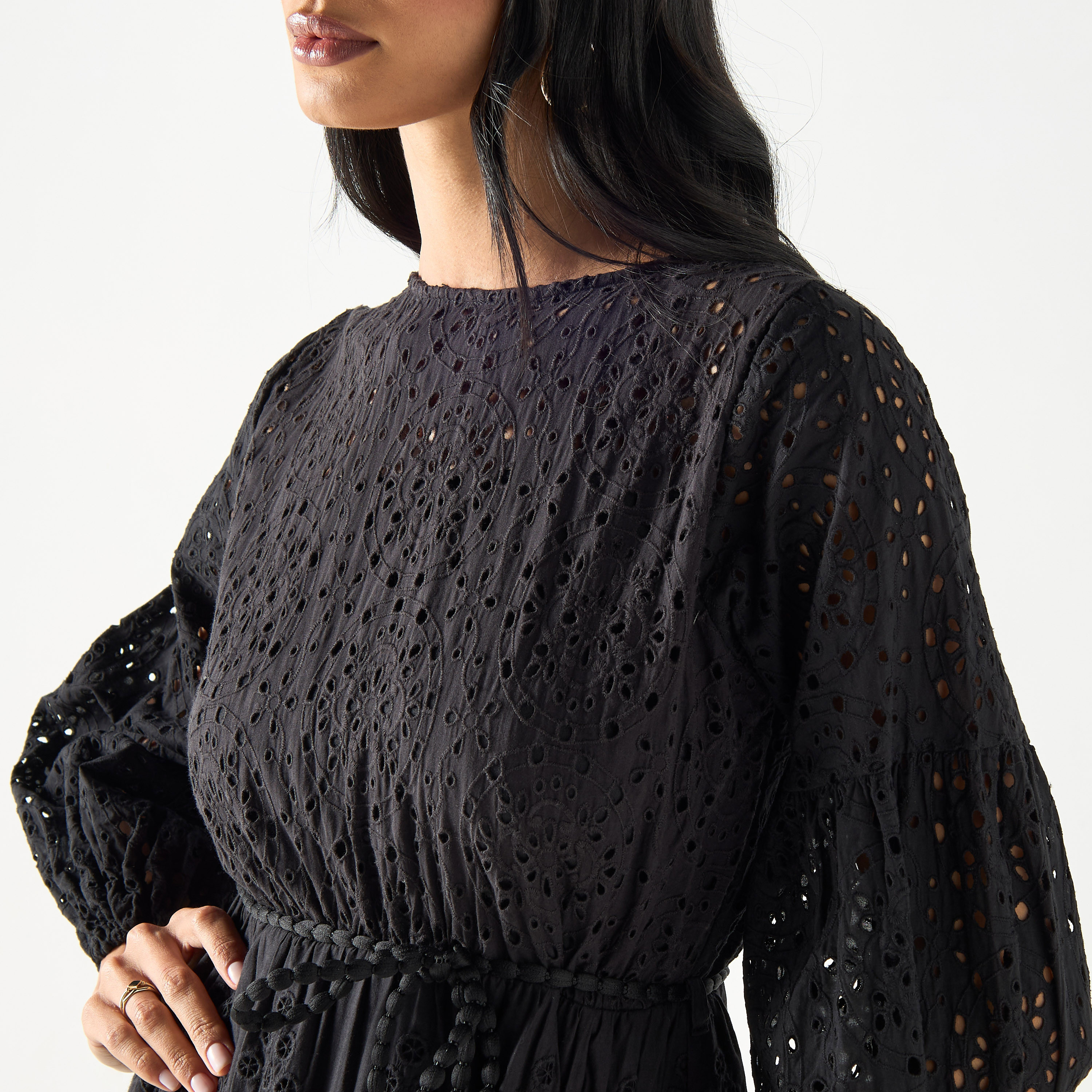 فستان طبقات بارز الملمس بياقة قارب وحزام رباط وأكمام منفوخة-women-clothing-dresses-image-8