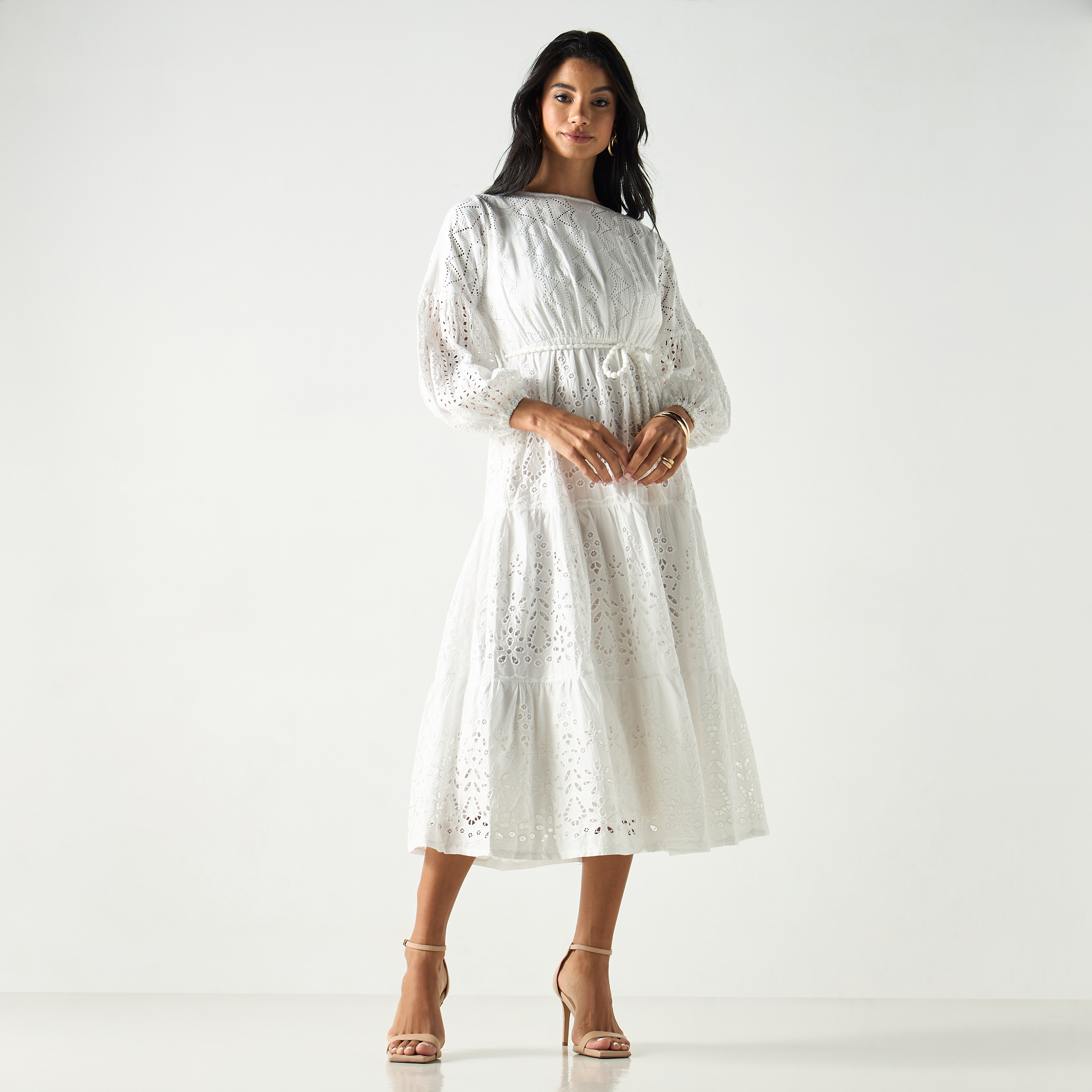 فستان طبقات بارز الملمس بياقة قارب وحزام رباط وأكمام منفوخة-women-clothing-dresses-image-1