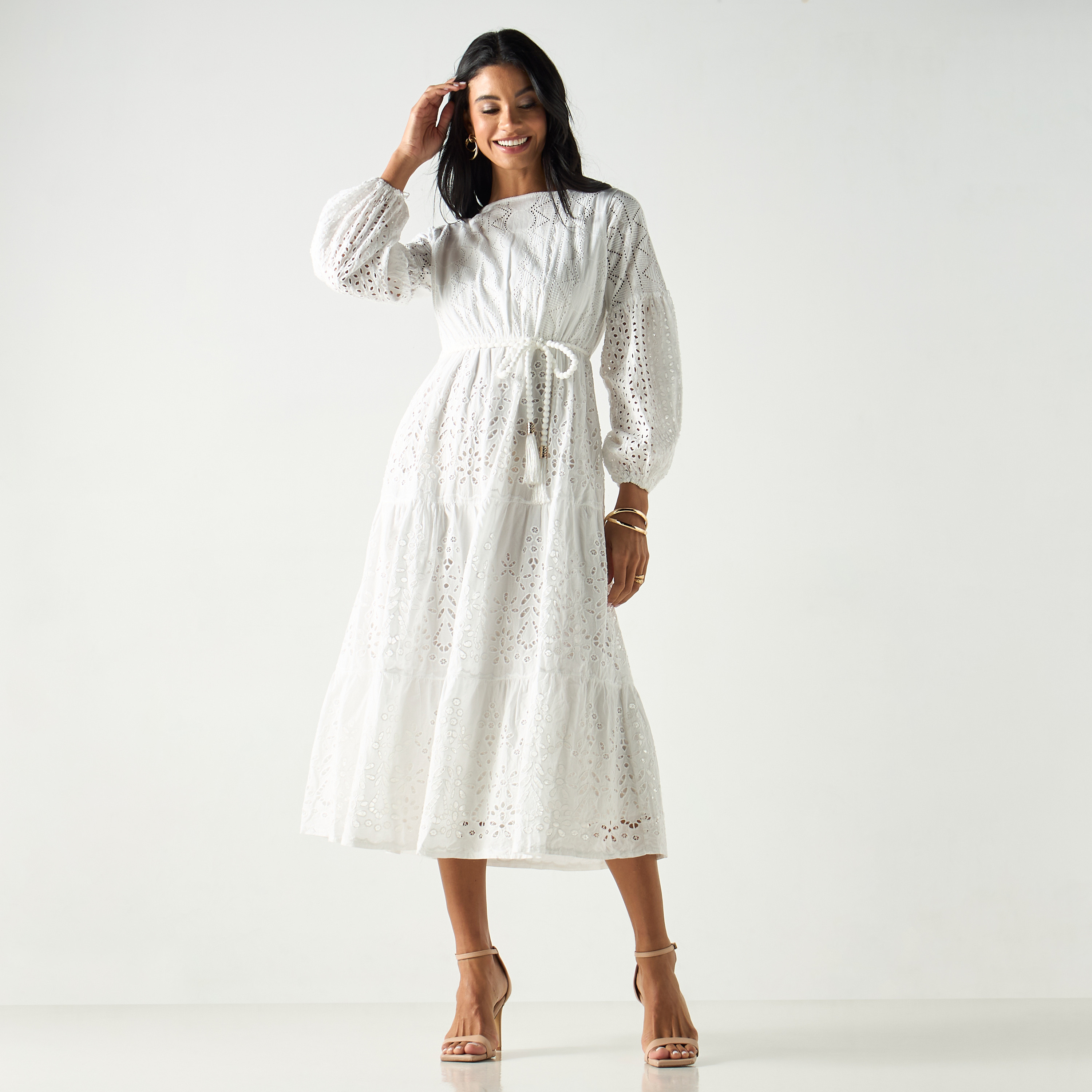 فستان طبقات بارز الملمس بياقة قارب وحزام رباط وأكمام منفوخة-women-clothing-dresses-image-2