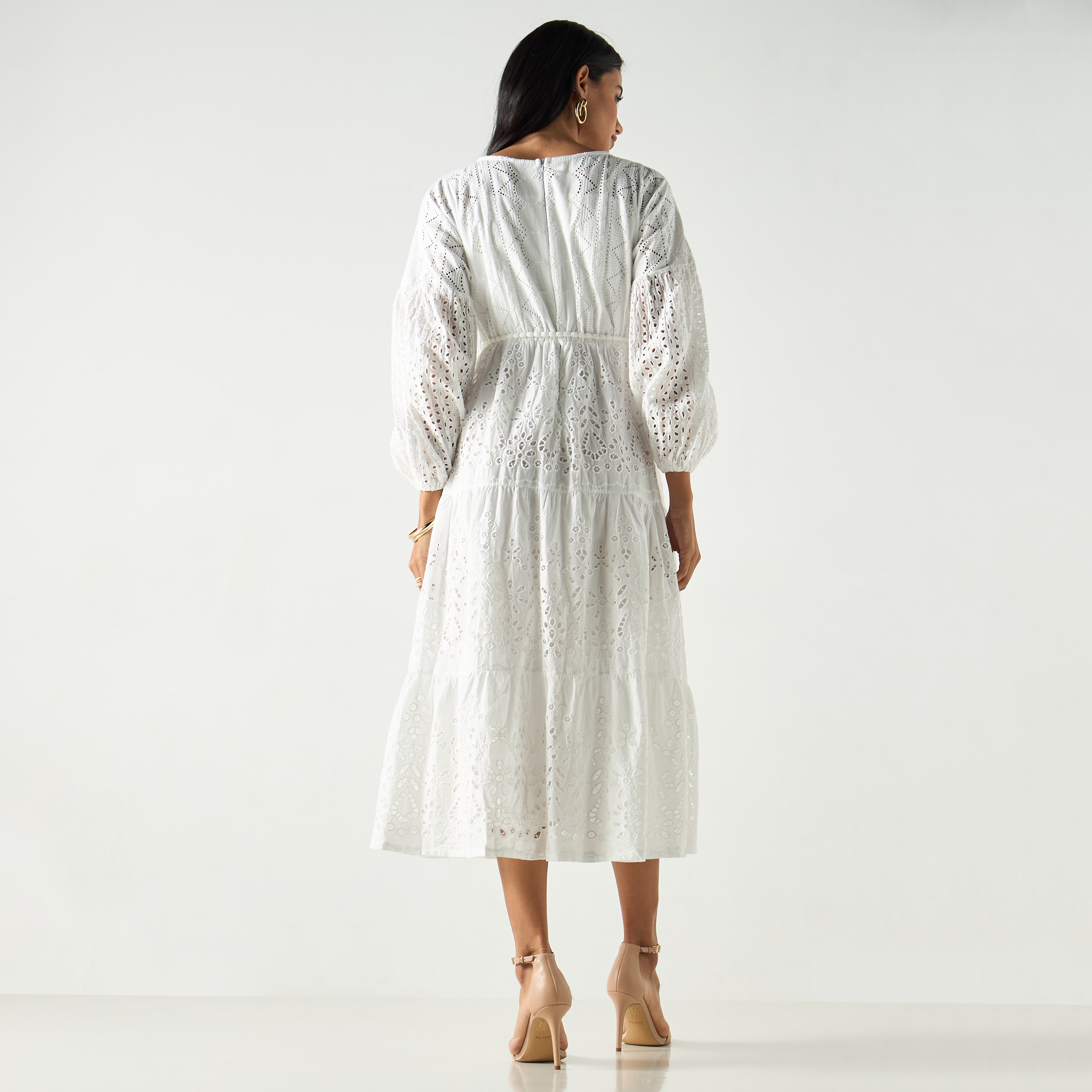 فستان طبقات بارز الملمس بياقة قارب وحزام رباط وأكمام منفوخة-women-clothing-dresses-image-3