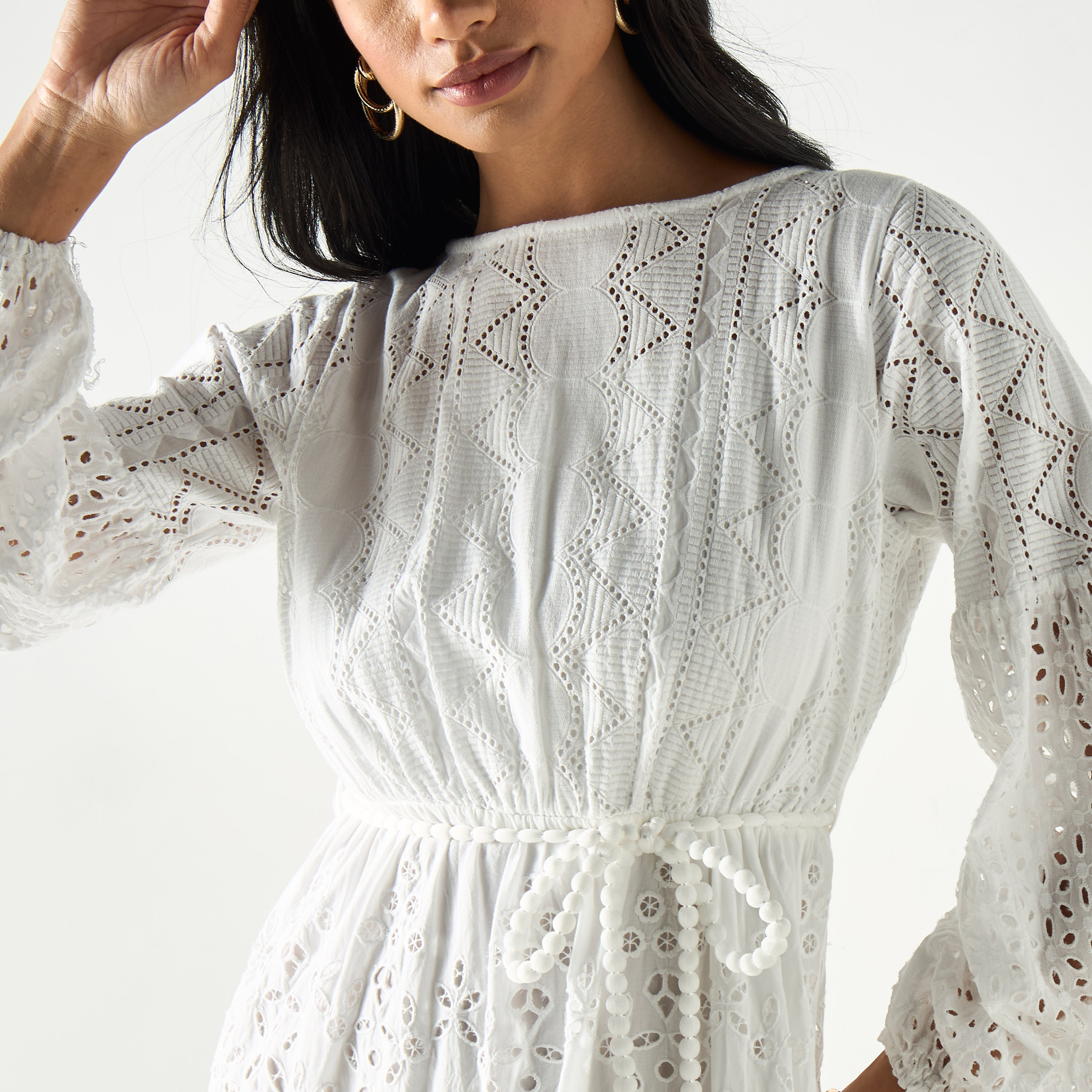 فستان طبقات بارز الملمس بياقة قارب وحزام رباط وأكمام منفوخة-women-clothing-dresses-image-4