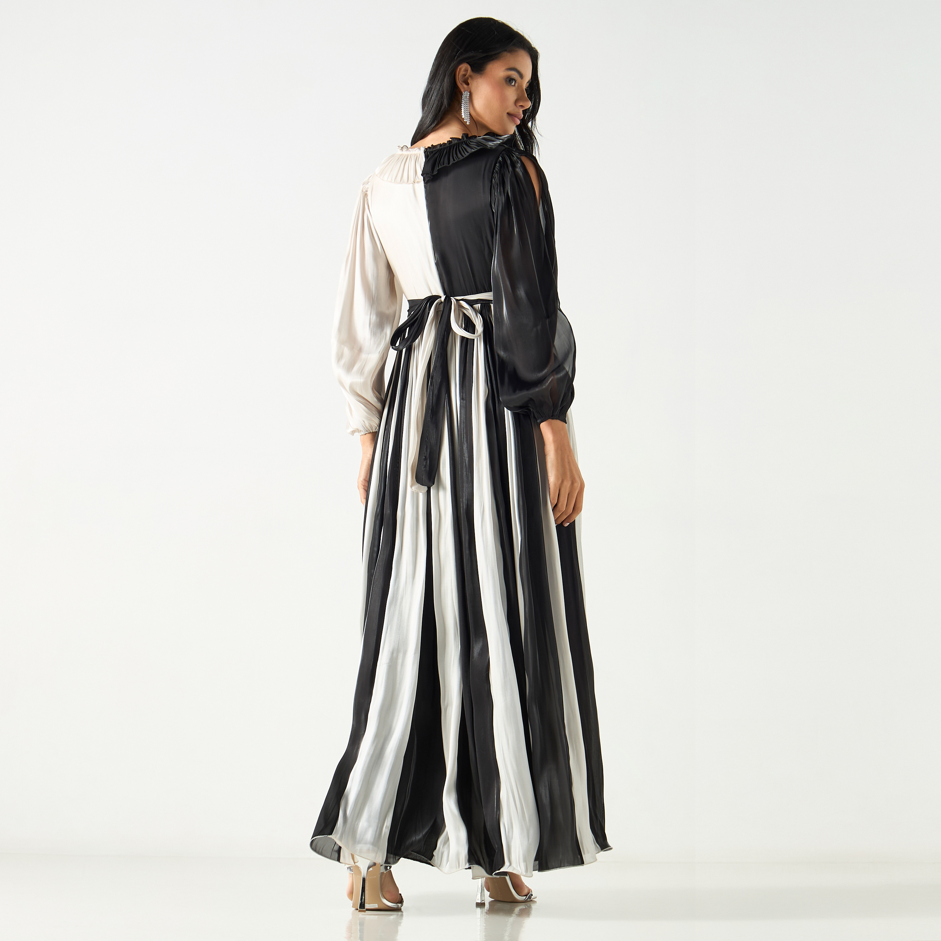 Colourblock Maxi Dress with Long Slit Sleeves and Waist Tie Up-women-clothing-dresses-image-3