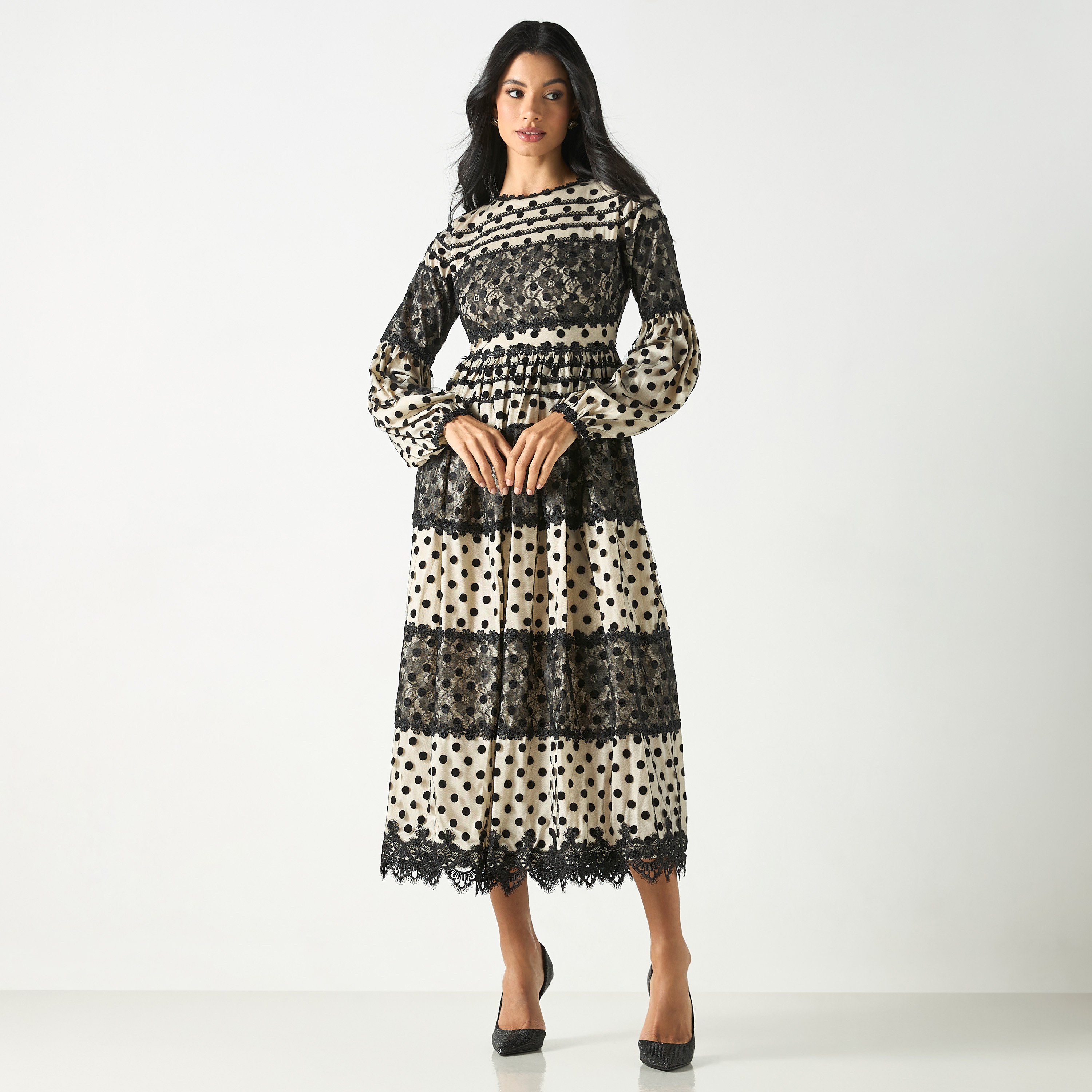 All-Over Polka Dot Midi Dress with Long Sleeves and Lace Inserts-women-clothing-dresses-image-2