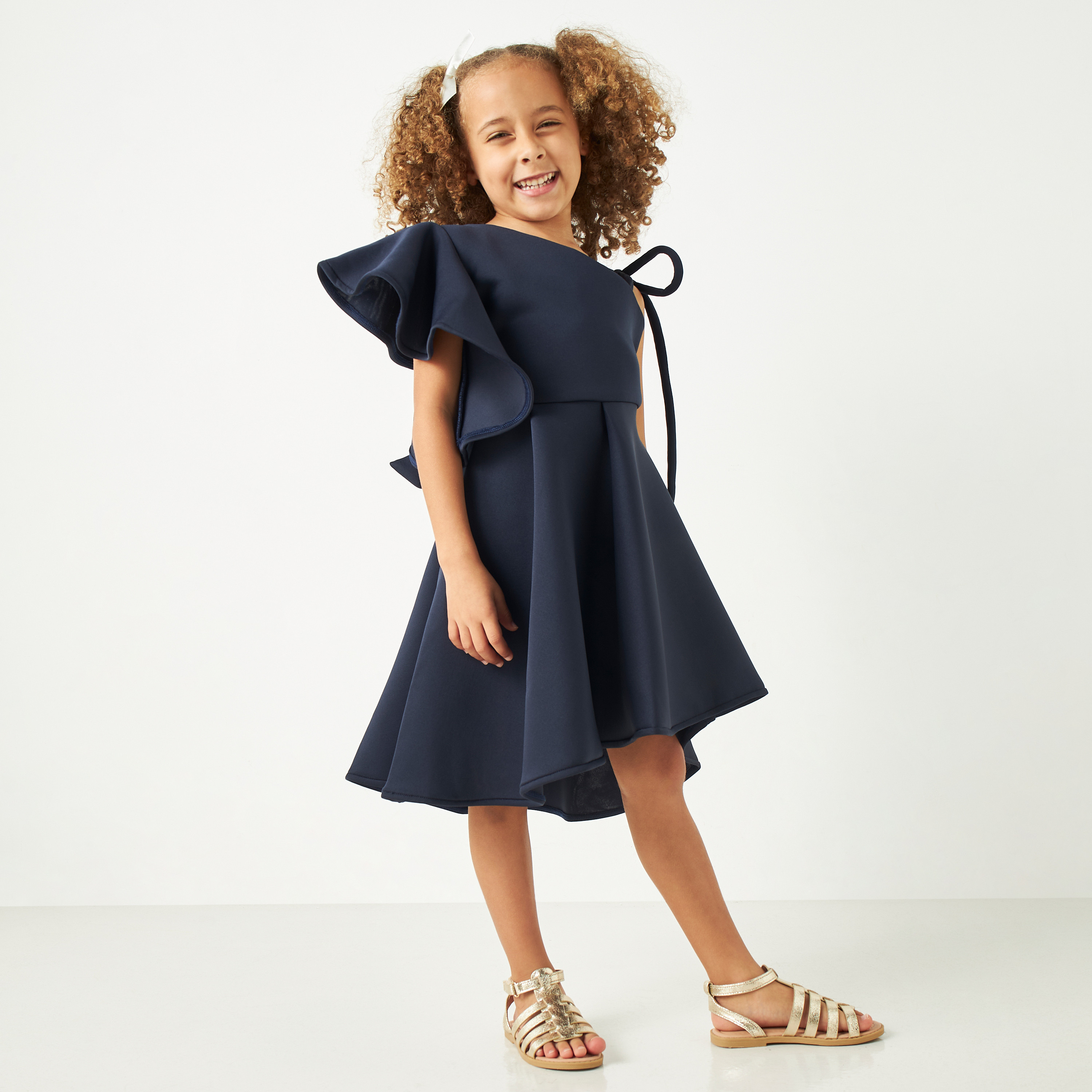Little Golden Apple Solid One Shoulder Dress with Tie-Up Detail-girls-clothing-dressesandjumpsuits-image-2