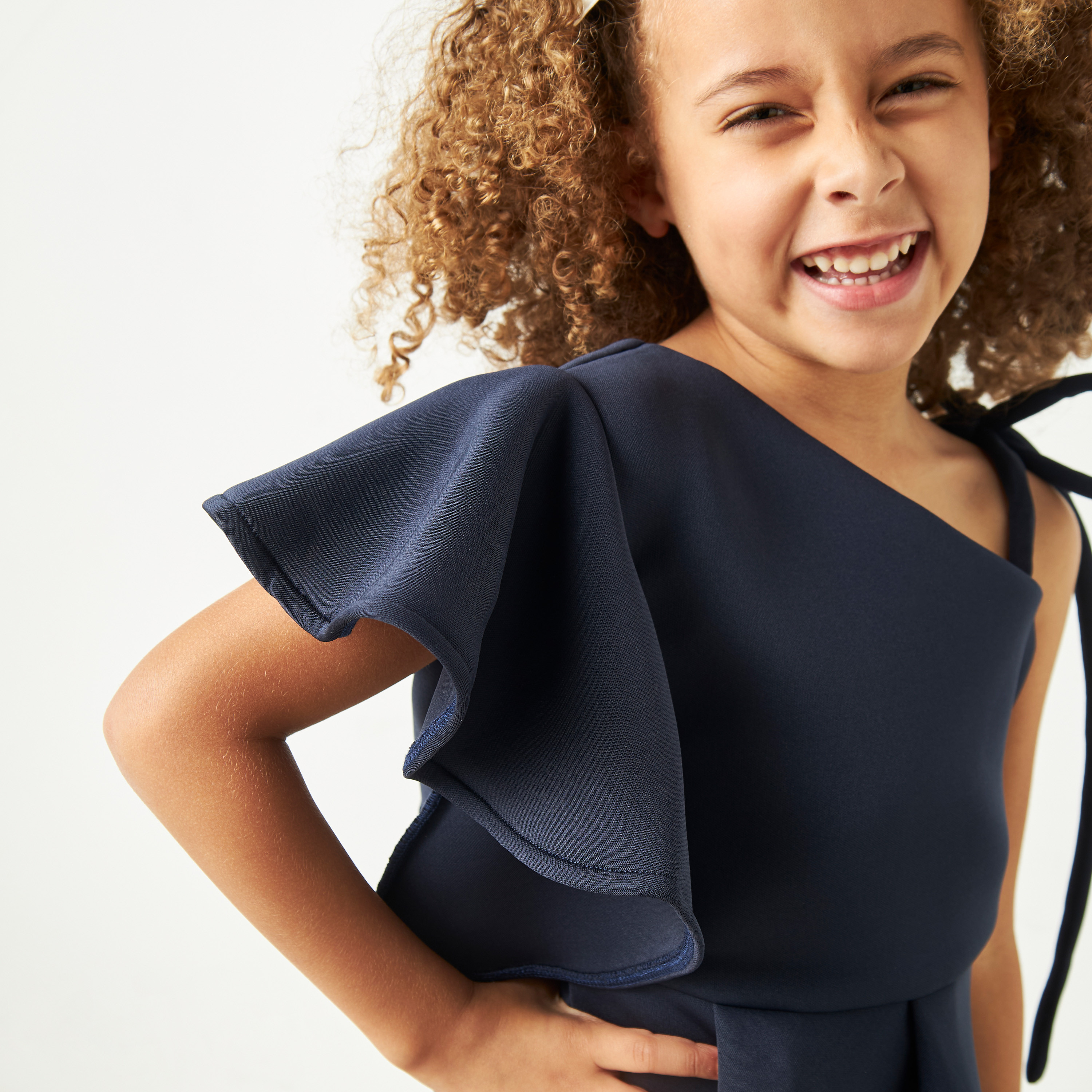 Little Golden Apple Solid One Shoulder Dress with Tie-Up Detail-girls-clothing-dressesandjumpsuits-image-4