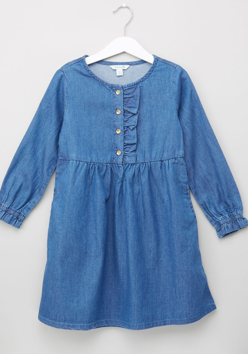 Bossini Long Sleeves Frill Detail Denim Dress-Dresses%2C Gowns and Frocks-image-0
