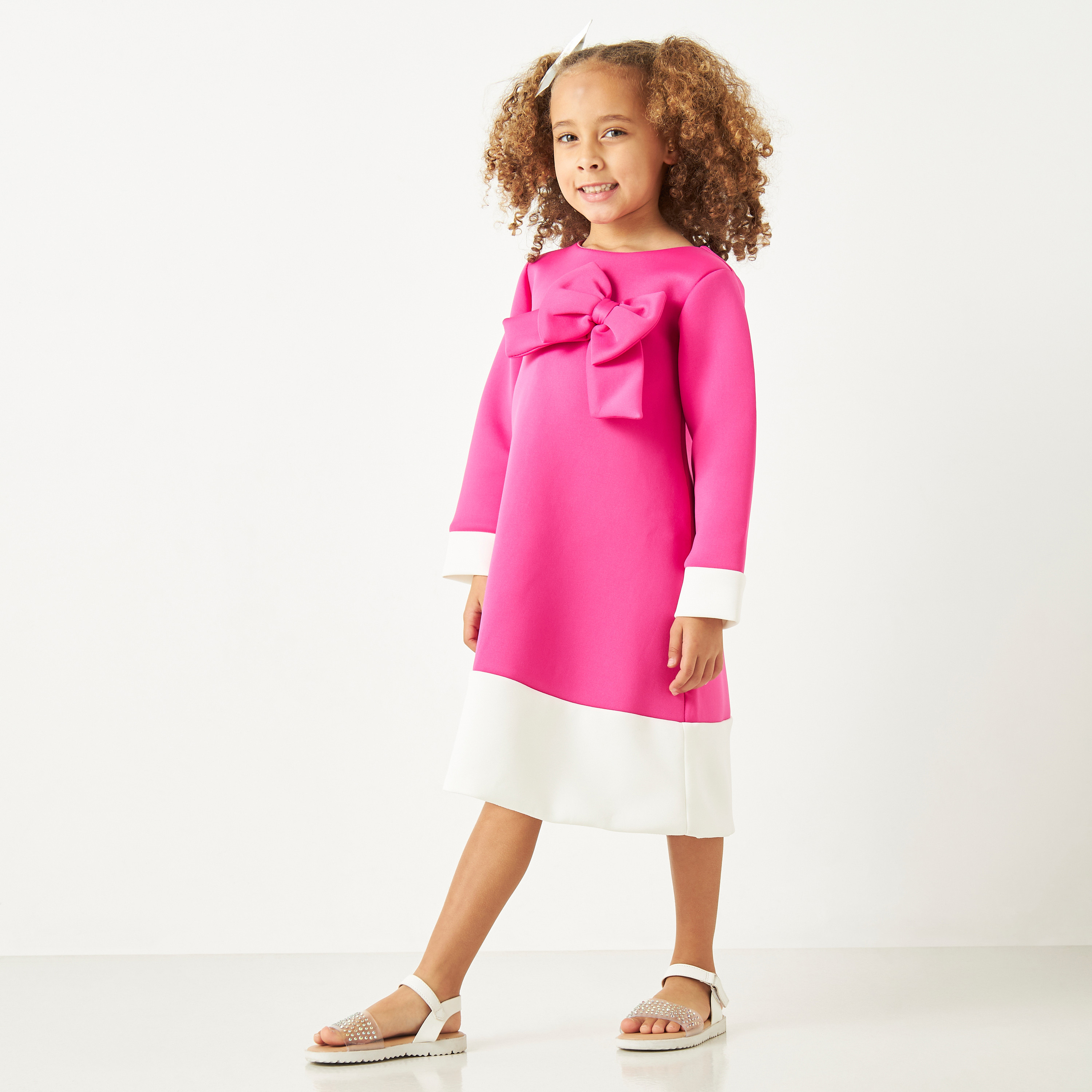 فستان قوالب ملونة بأكمام طويلة وفيونكة من ليتل جولدن أبل-girls-clothing-dressesandjumpsuits-image-1