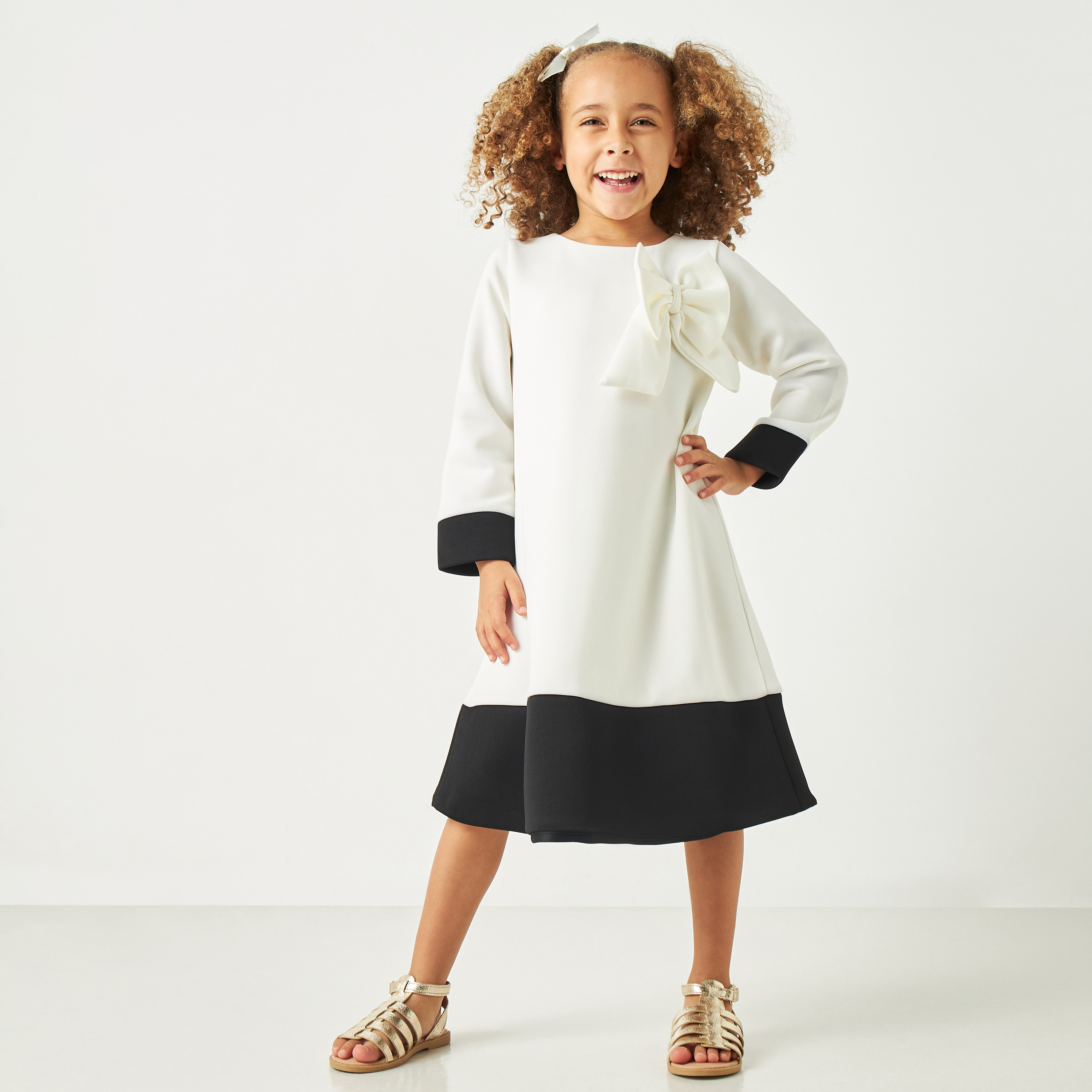فستان قوالب ملونة بأكمام طويلة وفيونكة من ليتل جولدن أبل-girls-clothing-dressesandjumpsuits-image-9