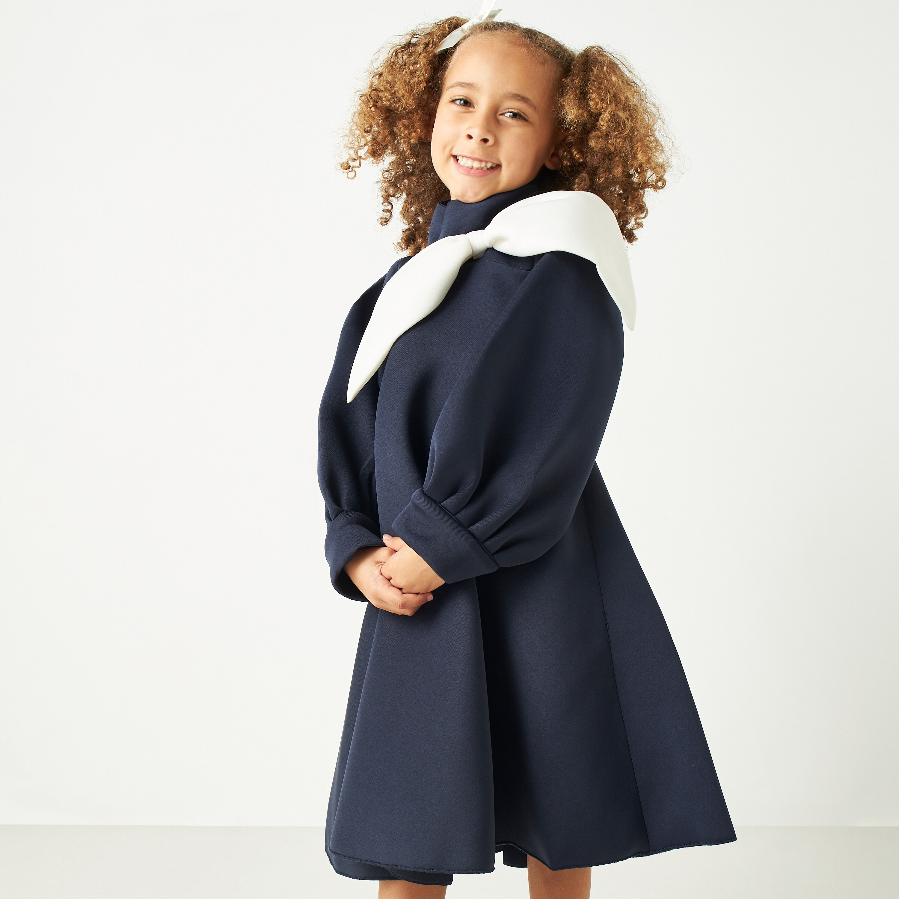 Little Golden Apple Solid Dress with Long Sleeves and Bow Accent-girls-clothing-dressesandjumpsuits-image-1
