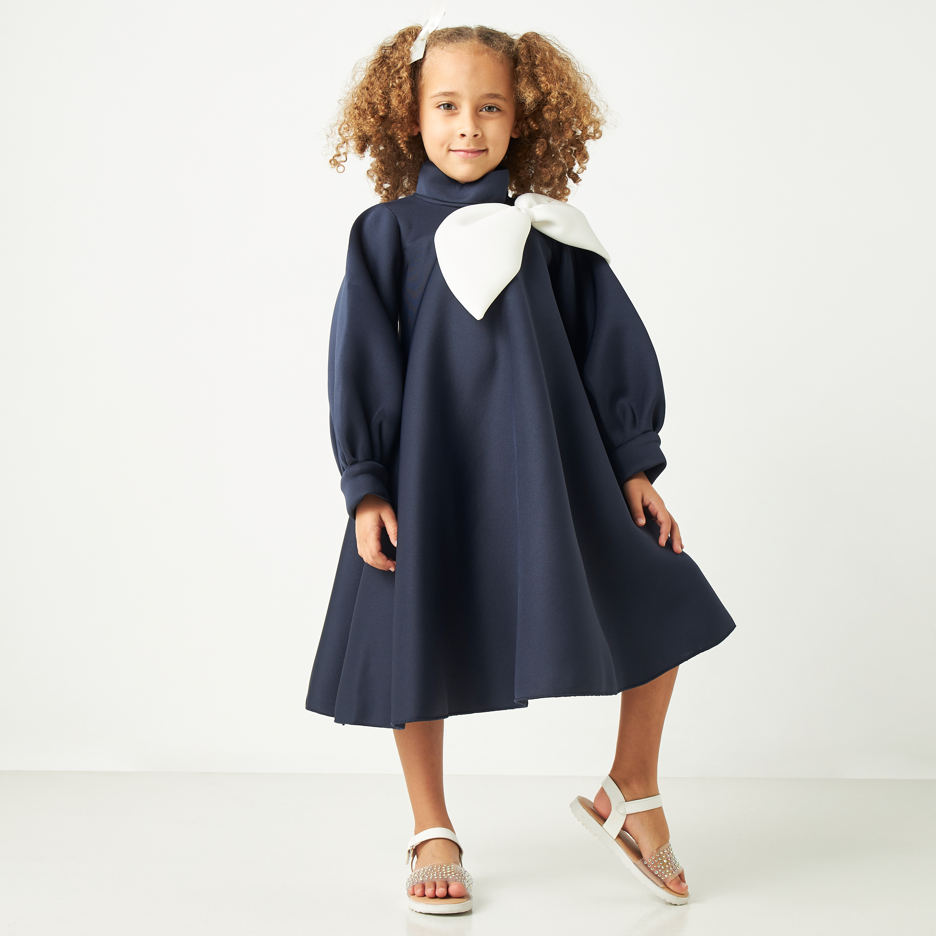 Little Golden Apple Solid Dress with Long Sleeves and Bow Accent-girls-clothing-dressesandjumpsuits-image-2