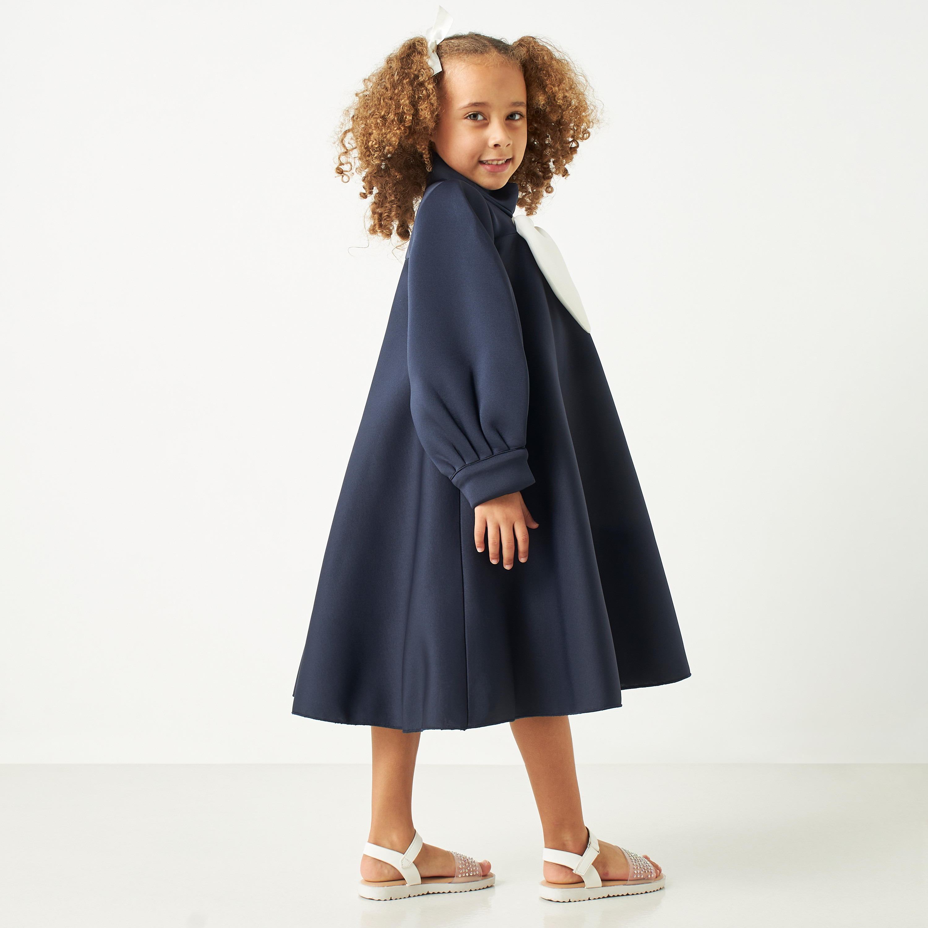 Little Golden Apple Solid Dress with Long Sleeves and Bow Accent-girls-clothing-dressesandjumpsuits-image-3