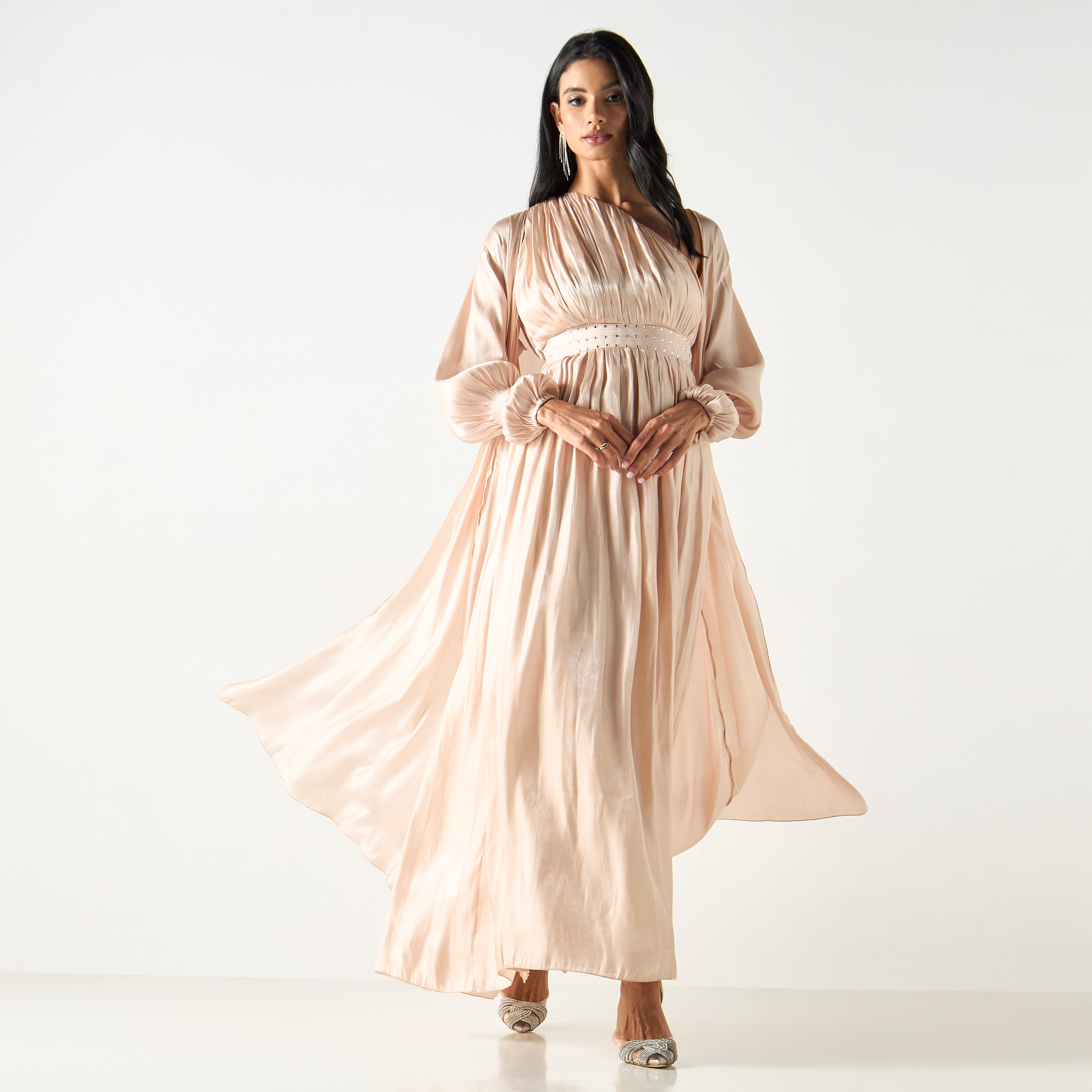 فستان طويل مزين بكتف واحد مع سترة طويلة وحزام رباط-women-clothing-dresses-image-5