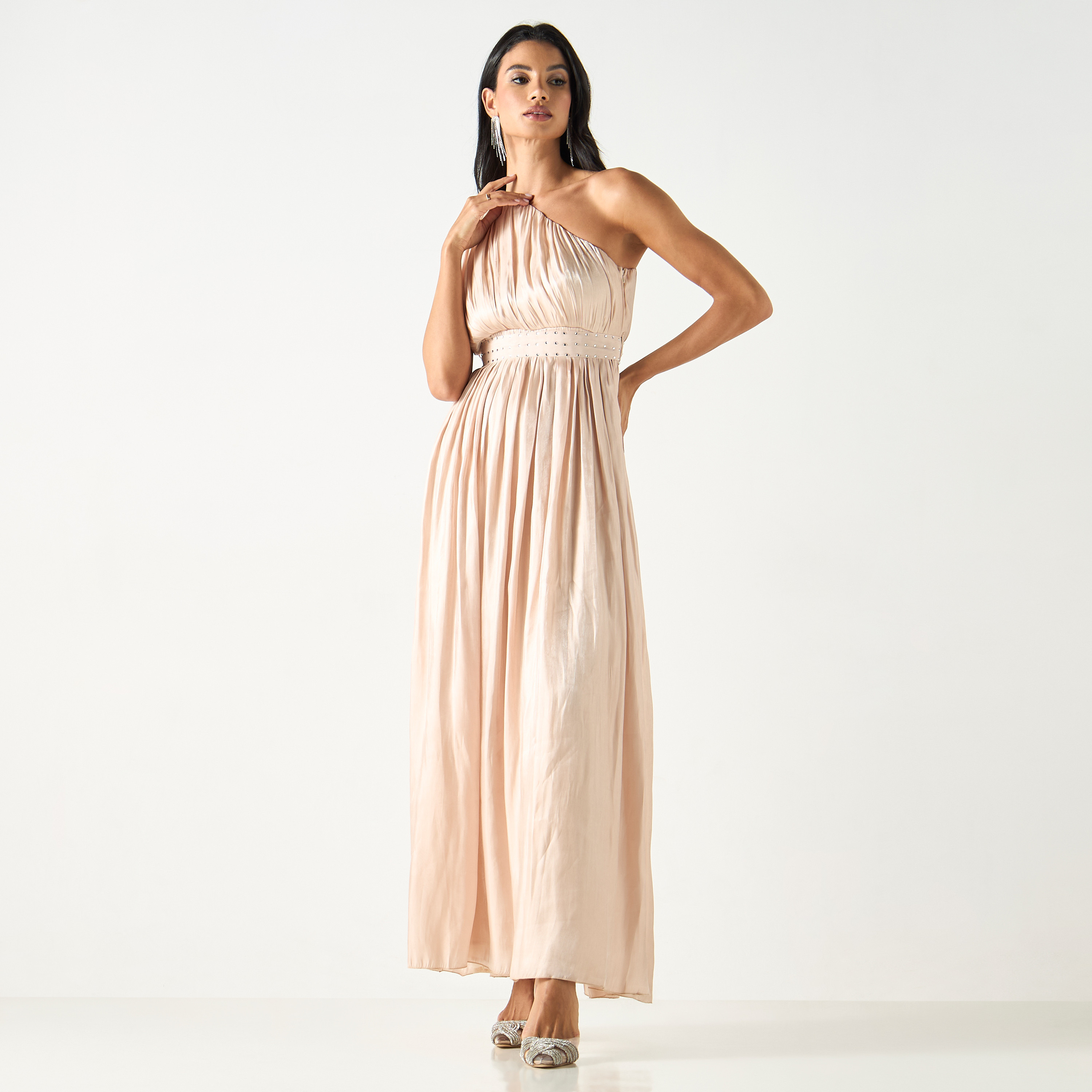 فستان طويل مزين بكتف واحد مع سترة طويلة وحزام رباط-women-clothing-dresses-image-6