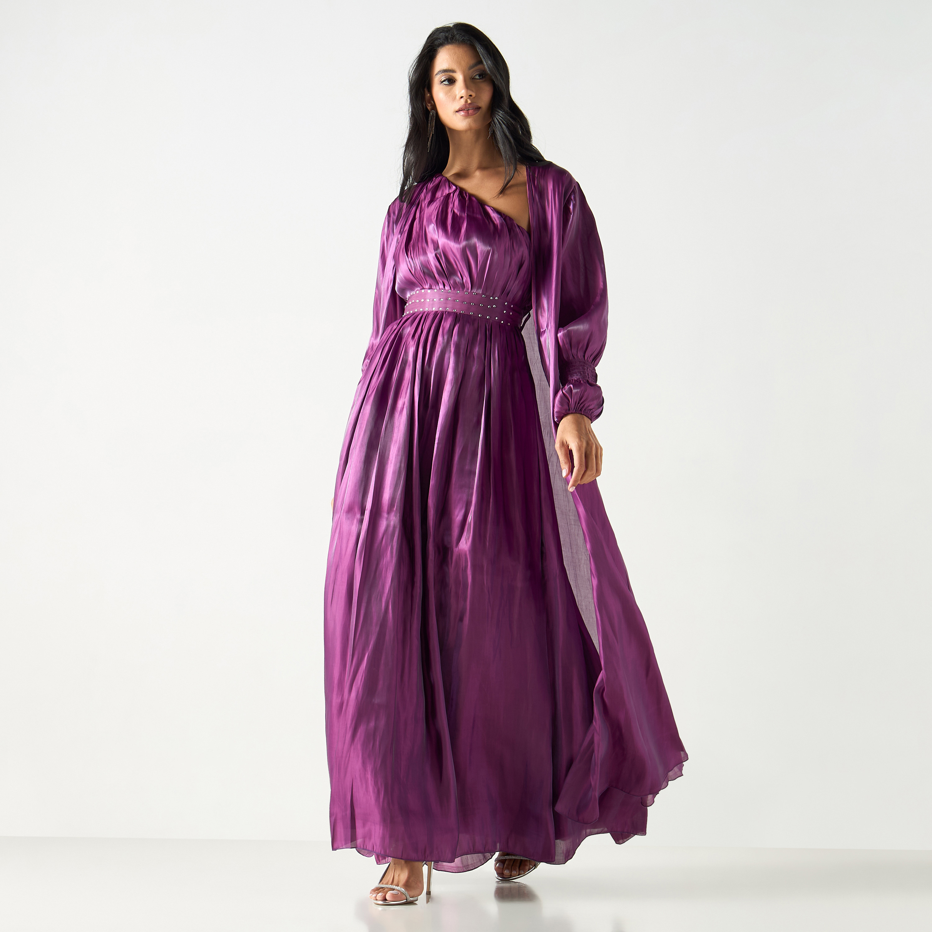 فستان طويل مزين بكتف واحد مع سترة طويلة وحزام رباط-women-clothing-dresses-image-1