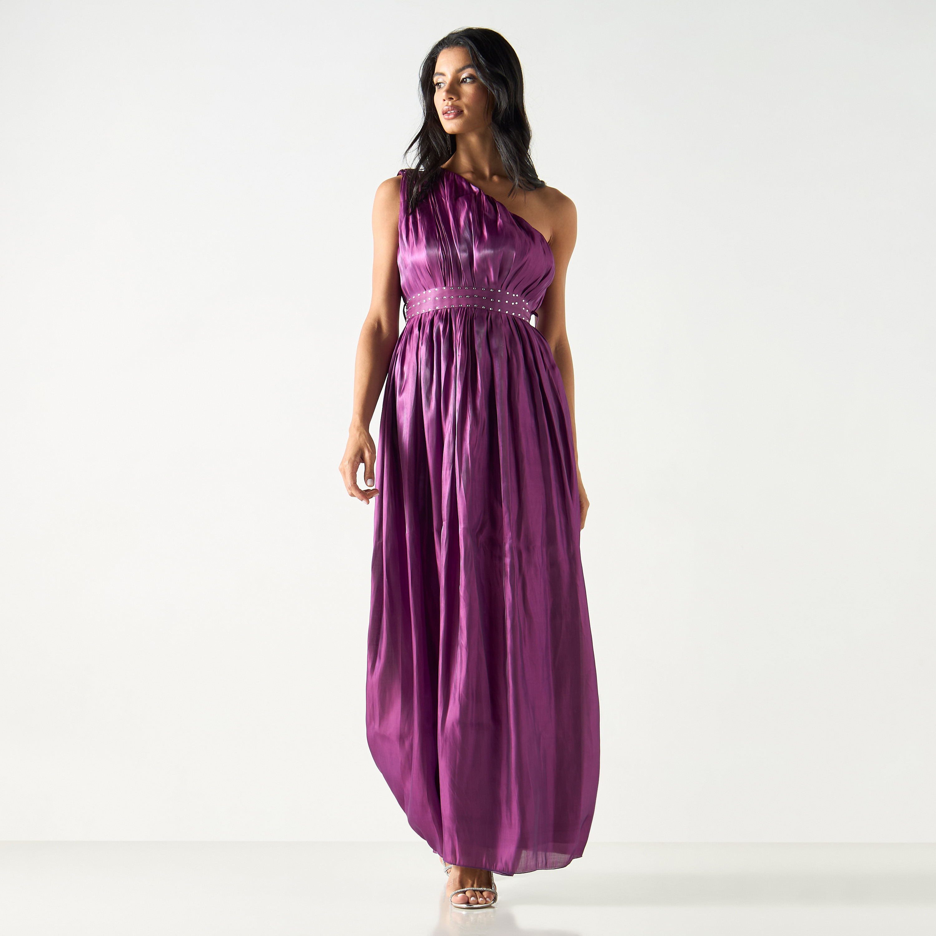 Embellished One Shoulder Maxi Dress with Longline Shrug and Tie-Up Belt-women-clothing-dresses-image-2