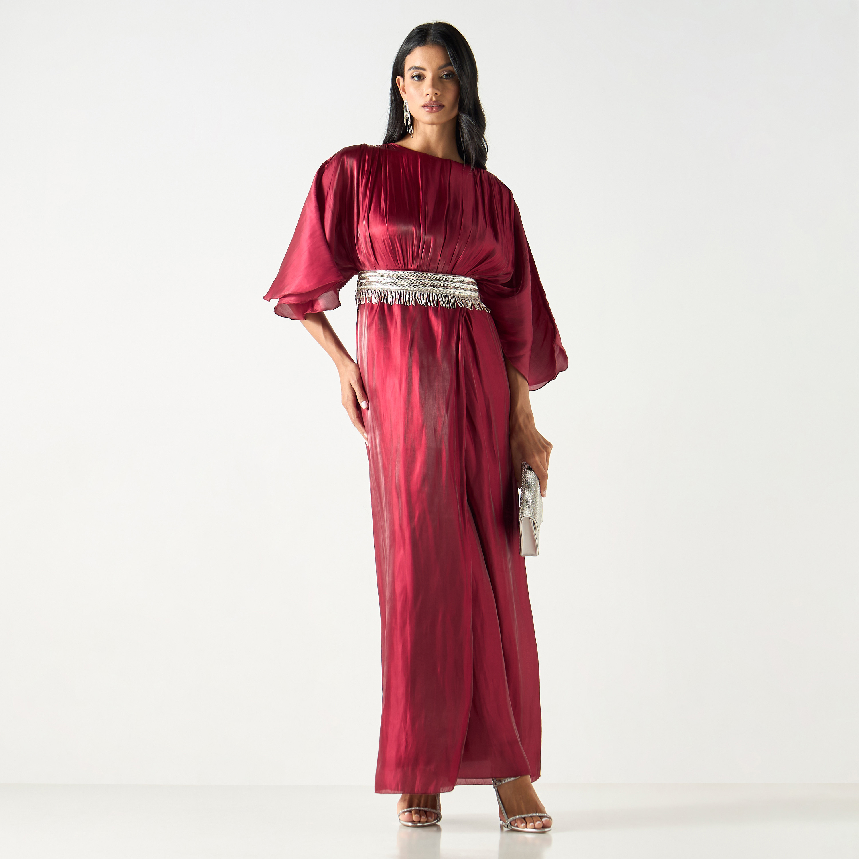 فستان طويل بارز الملمس بياقة مستديرة وأكمام متمددة وحزام ربط-women-clothing-dresses-image-5