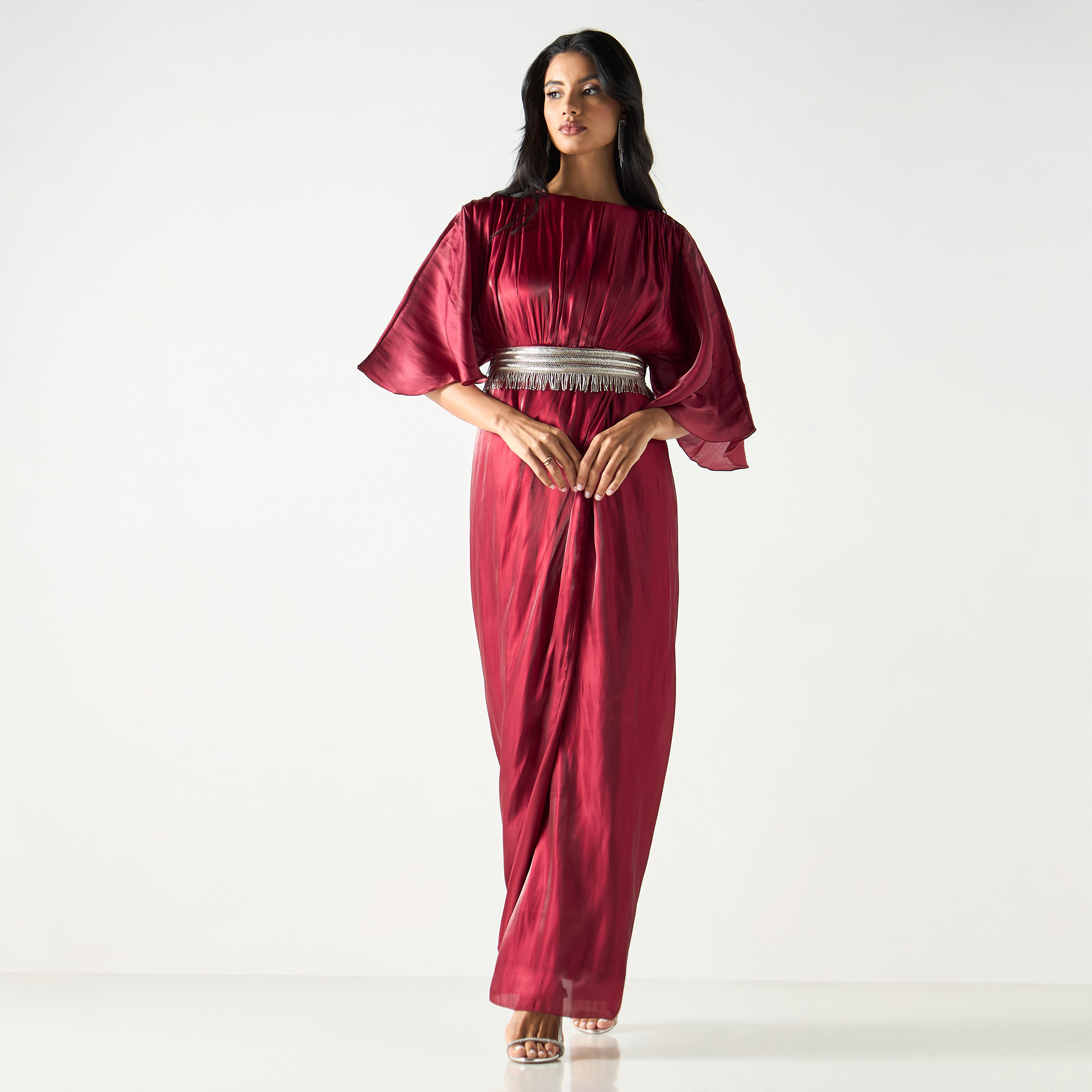فستان طويل بارز الملمس بياقة مستديرة وأكمام متمددة وحزام ربط-women-clothing-dresses-image-6