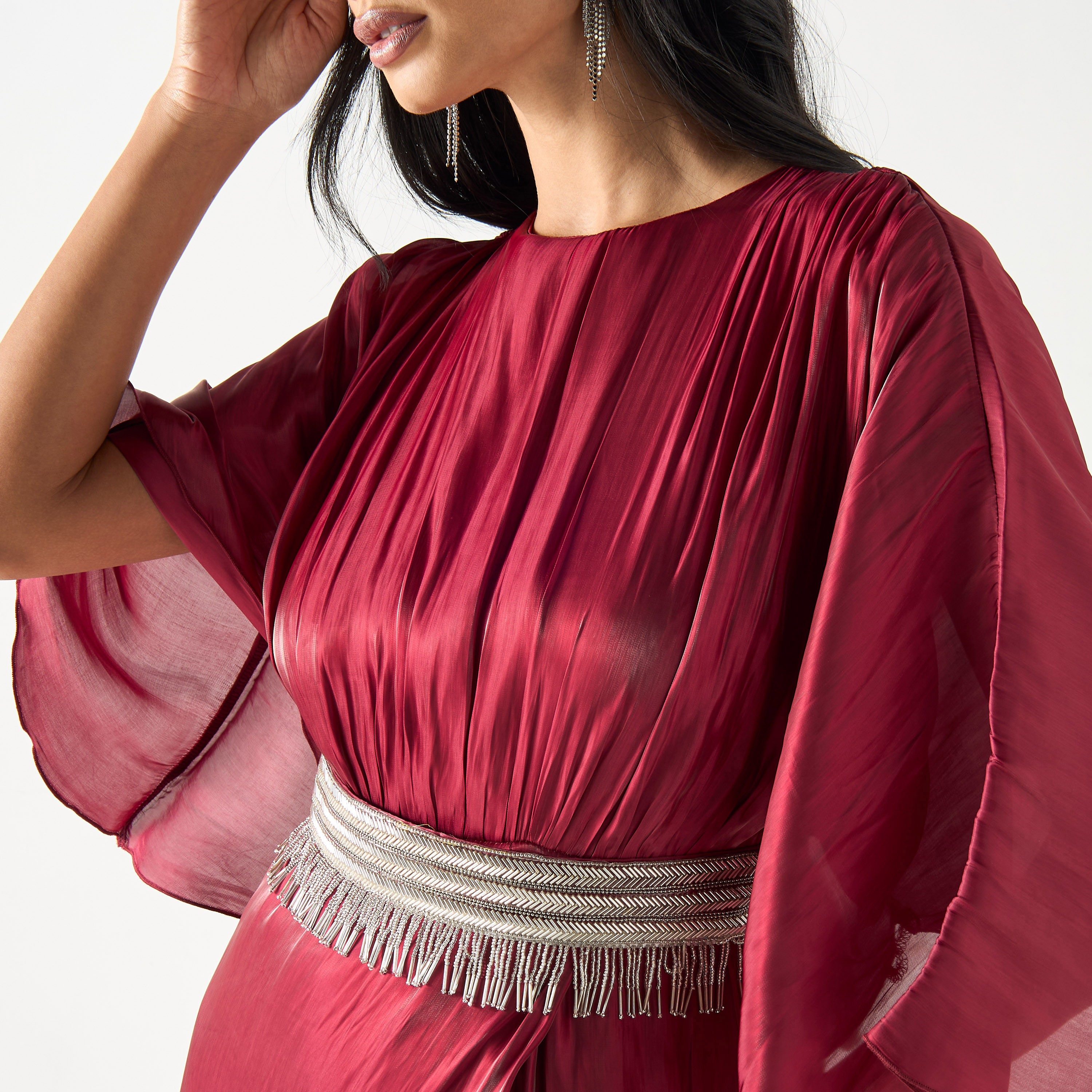 فستان طويل بارز الملمس بياقة مستديرة وأكمام متمددة وحزام ربط-women-clothing-dresses-image-8