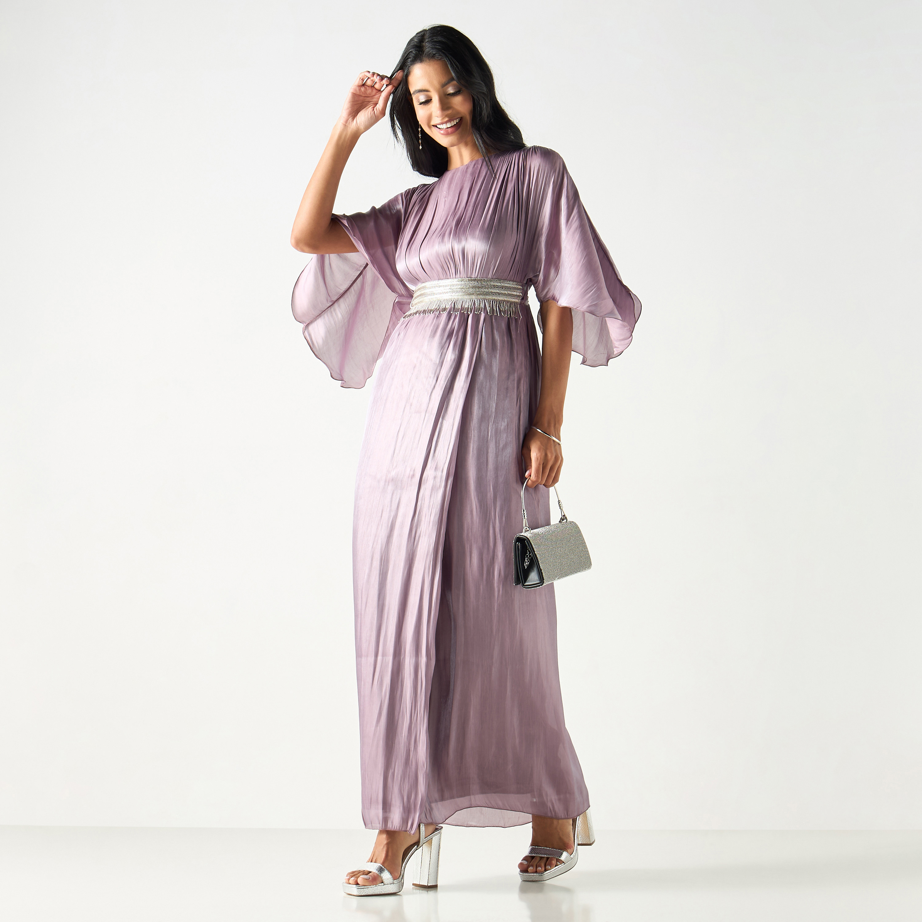 Textured Round Neck Maxi Dress with Extended Sleeves and Tie-Up Belt-women-clothing-dresses-image-1