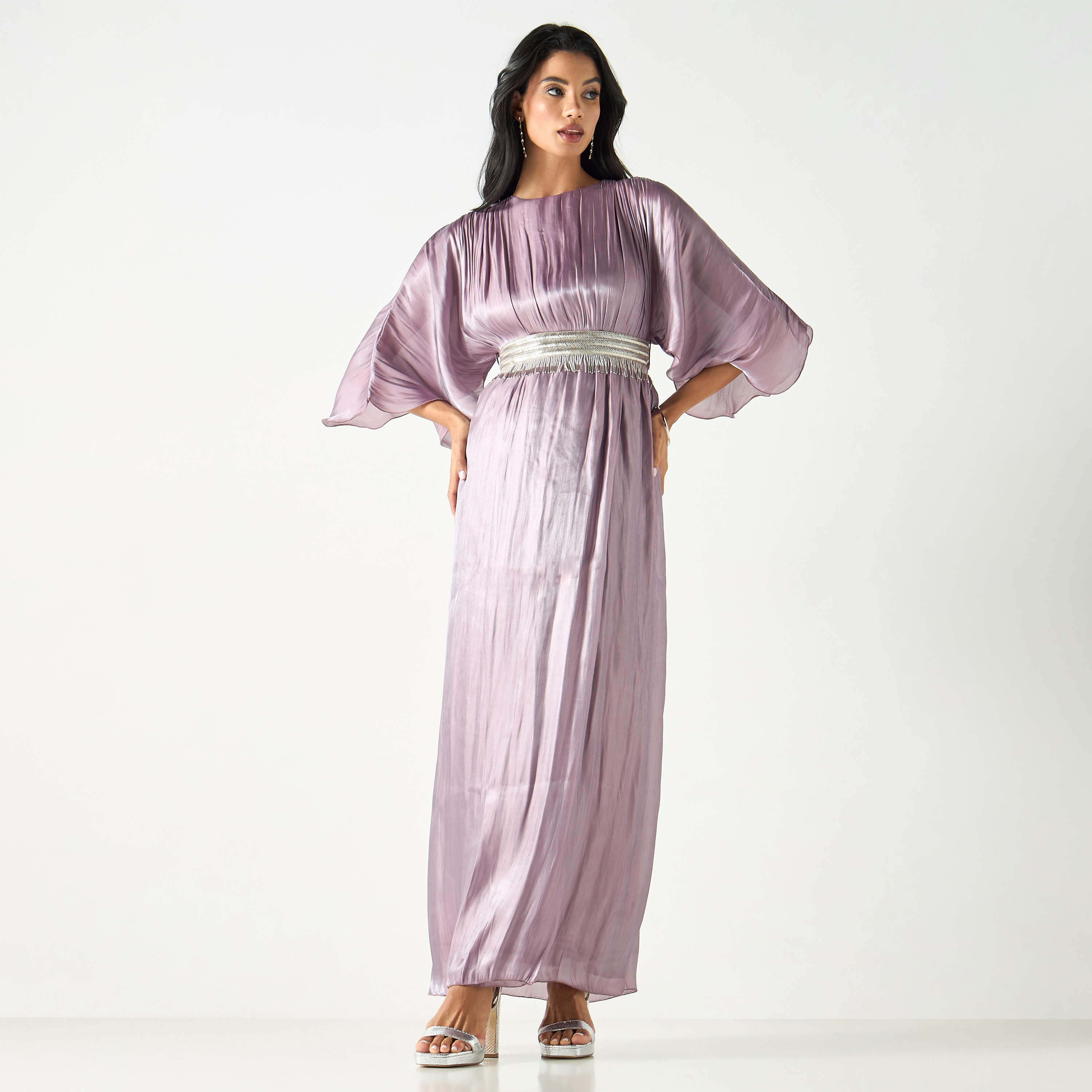 فستان طويل بارز الملمس بياقة مستديرة وأكمام متمددة وحزام ربط-women-clothing-dresses-image-2