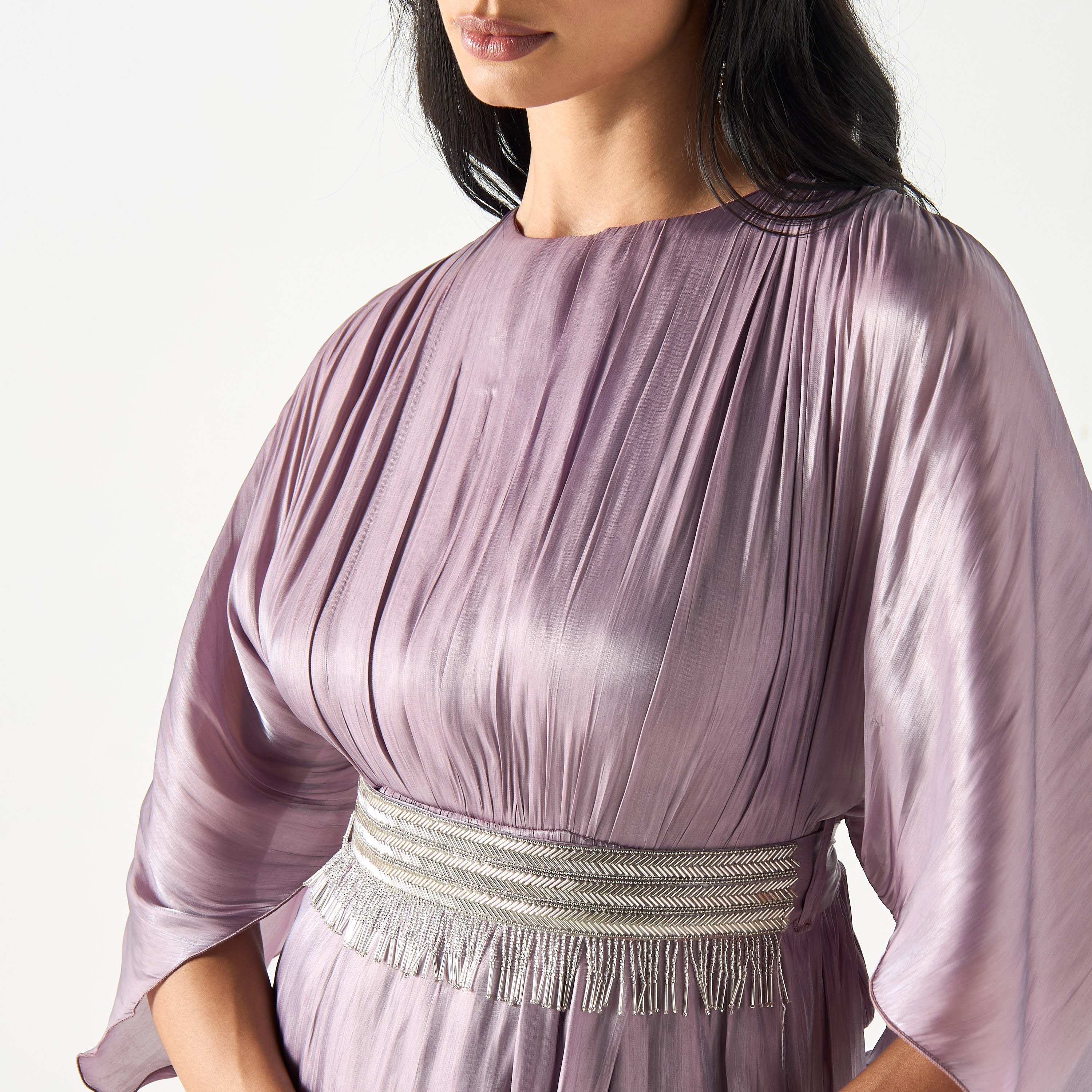 Textured Round Neck Maxi Dress with Extended Sleeves and Tie-Up Belt-women-clothing-dresses-image-4