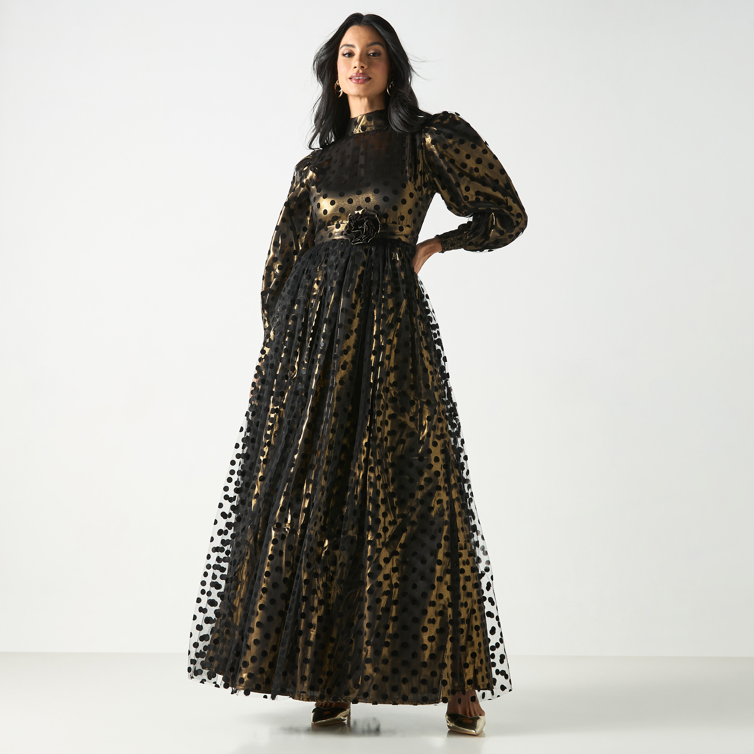 All-Over Polka Dot Maxi Dress with Bow Tie-Up Detail-women-clothing-dresses-image-1