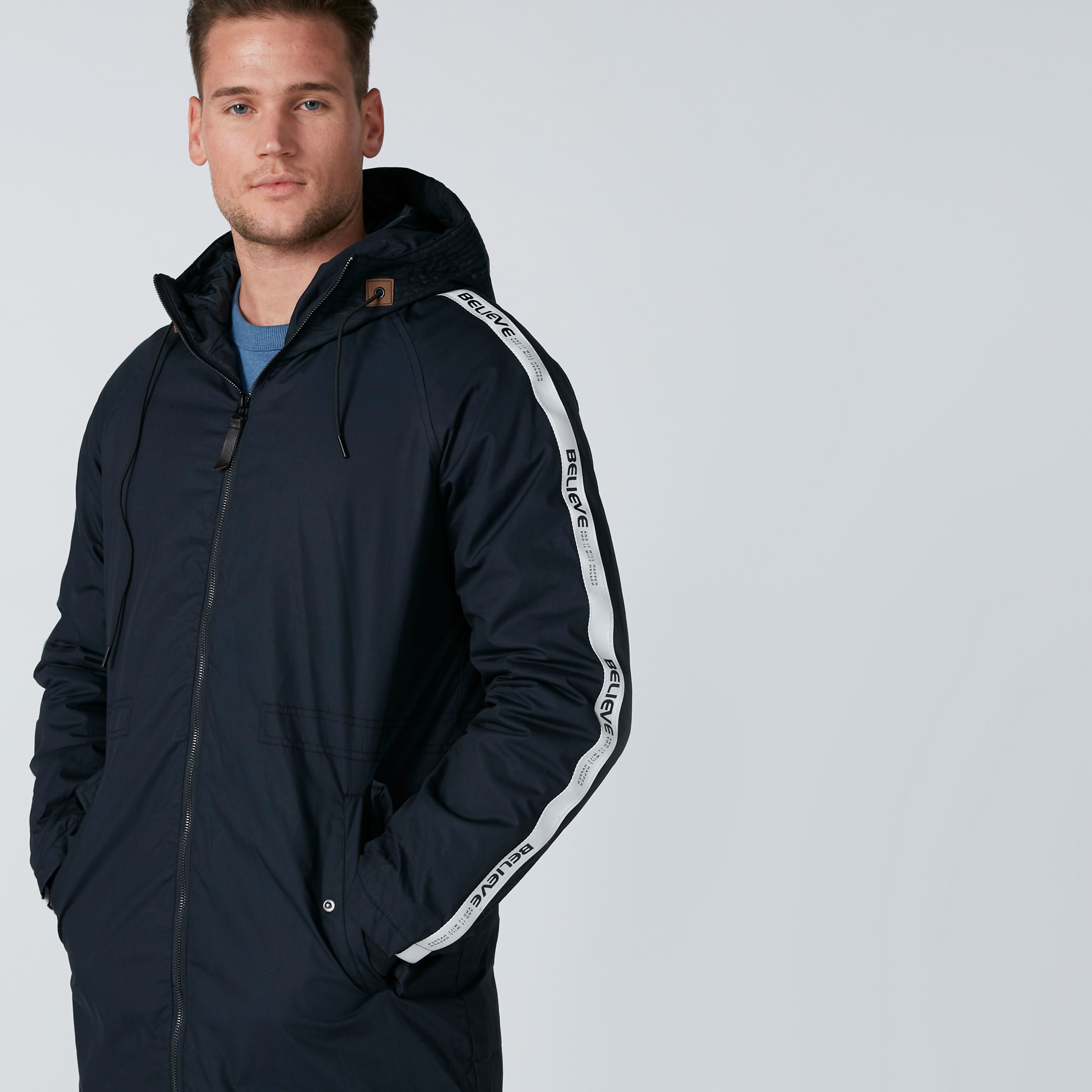 Buy Men s Tape Printed Longline Jacket with Hood and Pocket Detail Online Centrepoint UAE