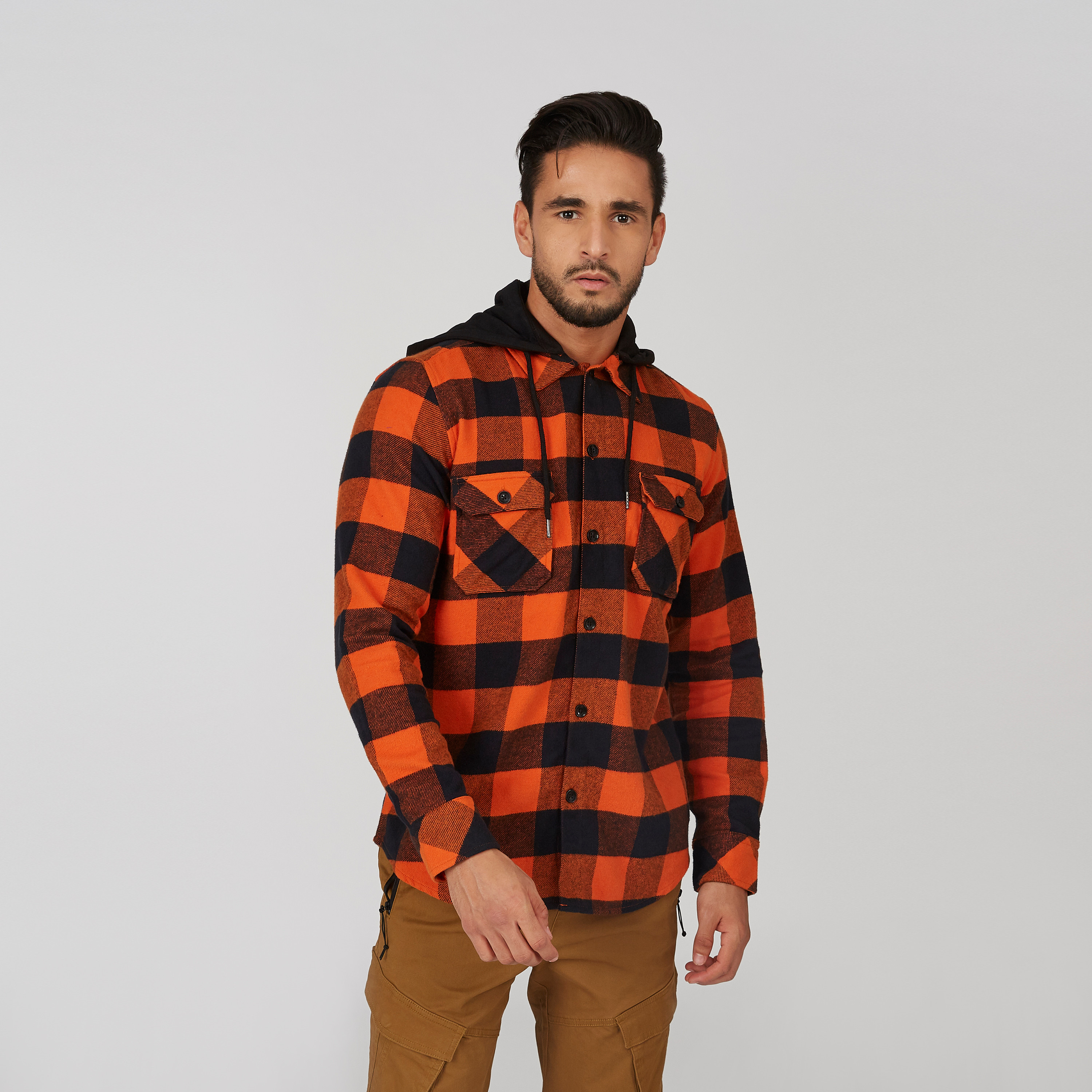 Checked Shirt with Buttoned Flap Pockets and Drawstring Hood-men-clothing-shirts-image-1