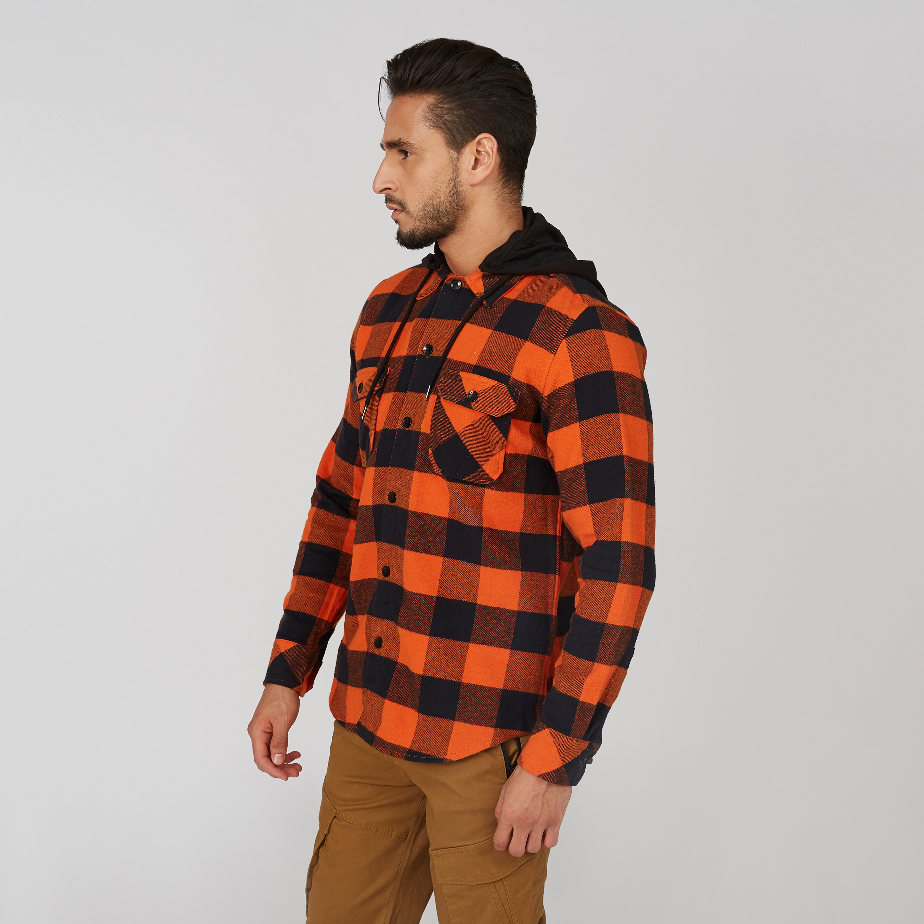 Checked Shirt with Buttoned Flap Pockets and Drawstring Hood-men-clothing-shirts-image-3