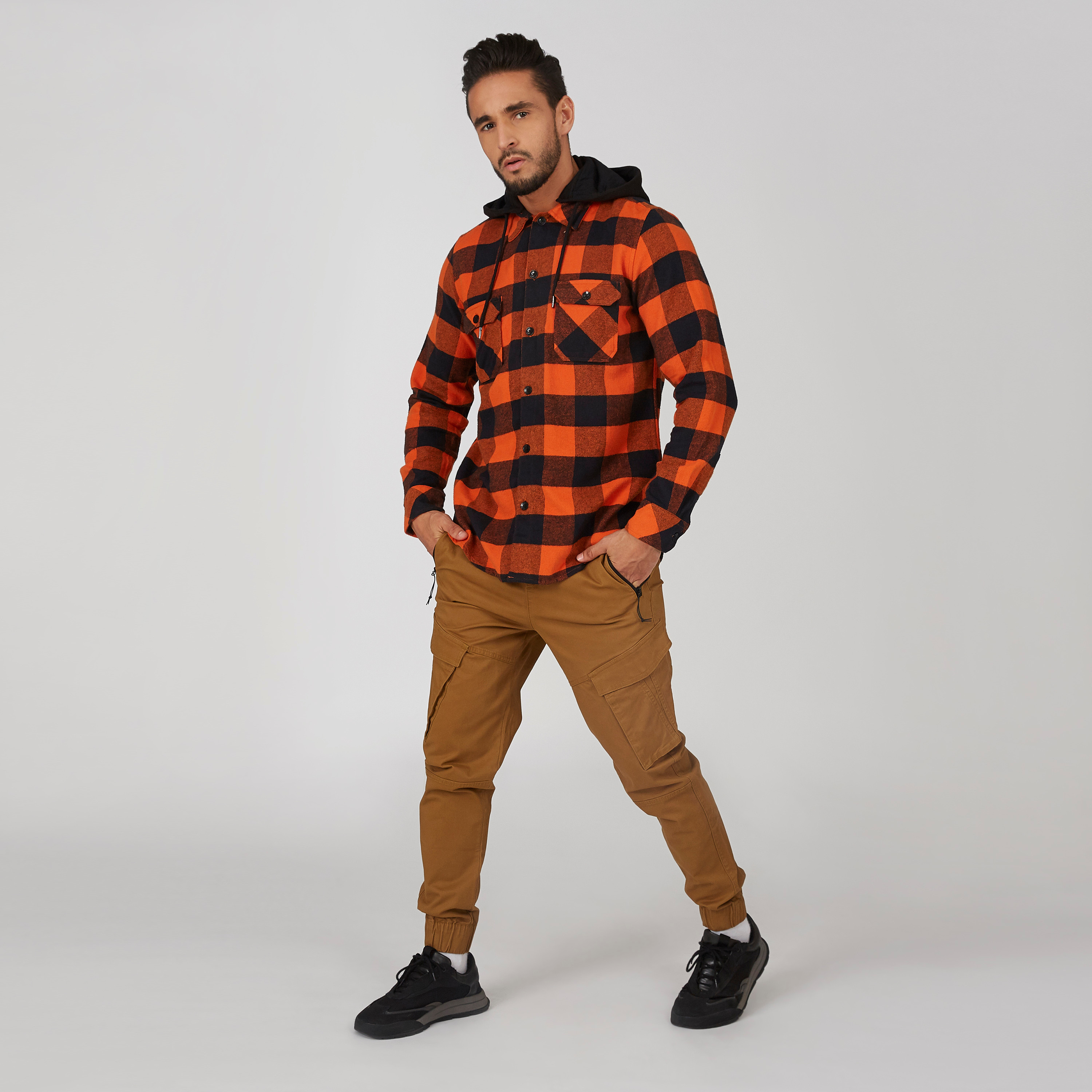 Checked Shirt with Buttoned Flap Pockets and Drawstring Hood-men-clothing-shirts-image-4