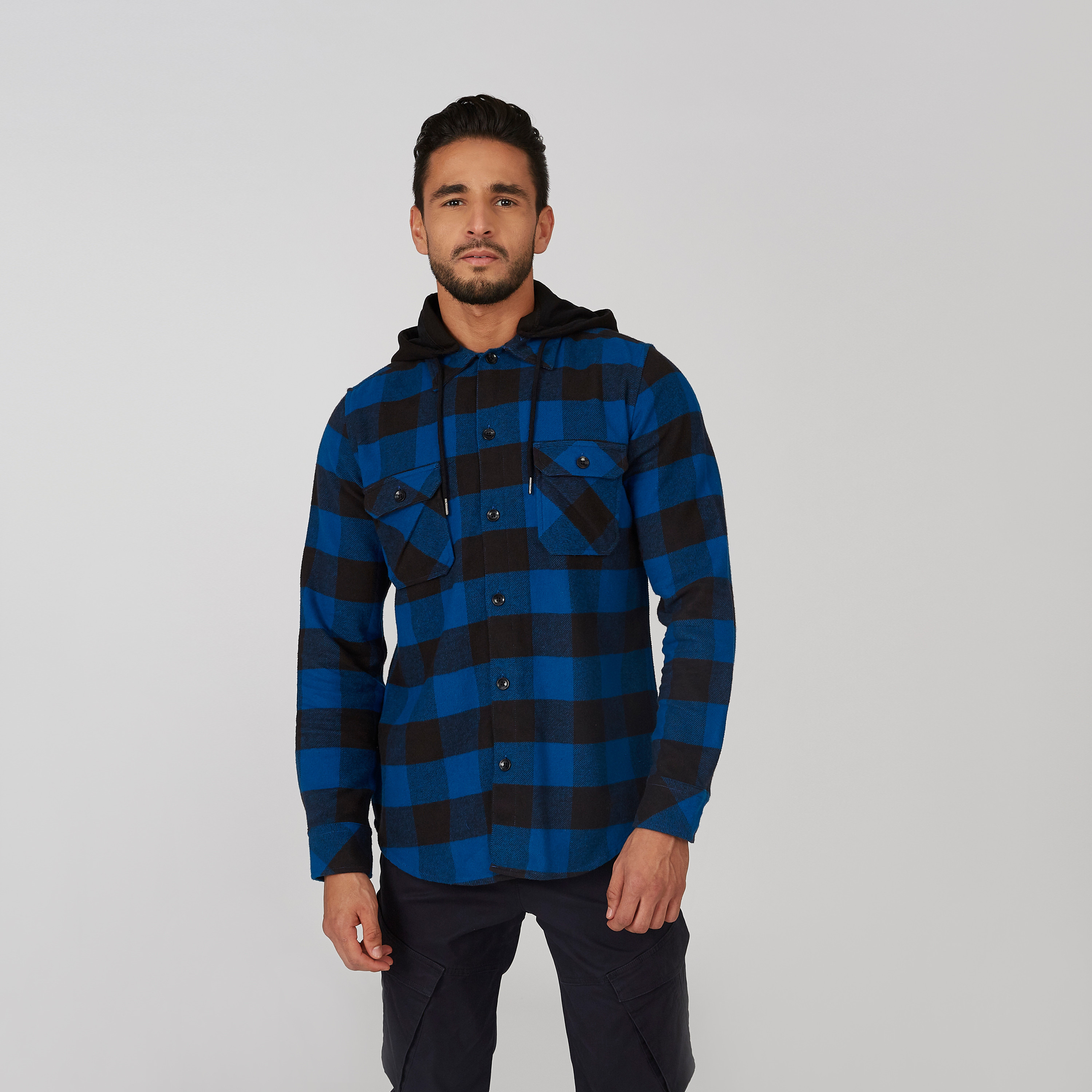 Checked Shirt with Buttoned Flap Pockets and Drawstring Hood-men-clothing-shirts-image-1
