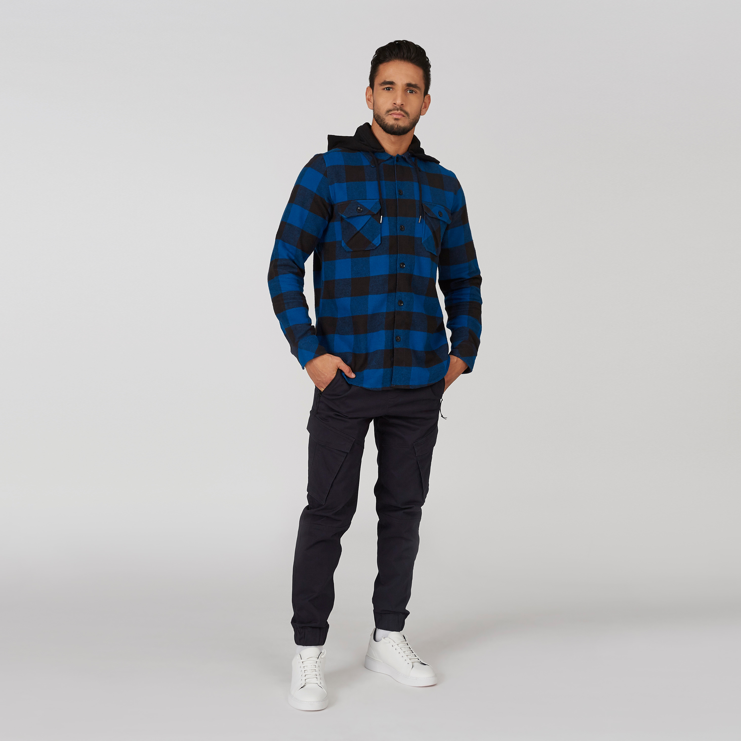 Checked Shirt with Buttoned Flap Pockets and Drawstring Hood-men-clothing-shirts-image-4