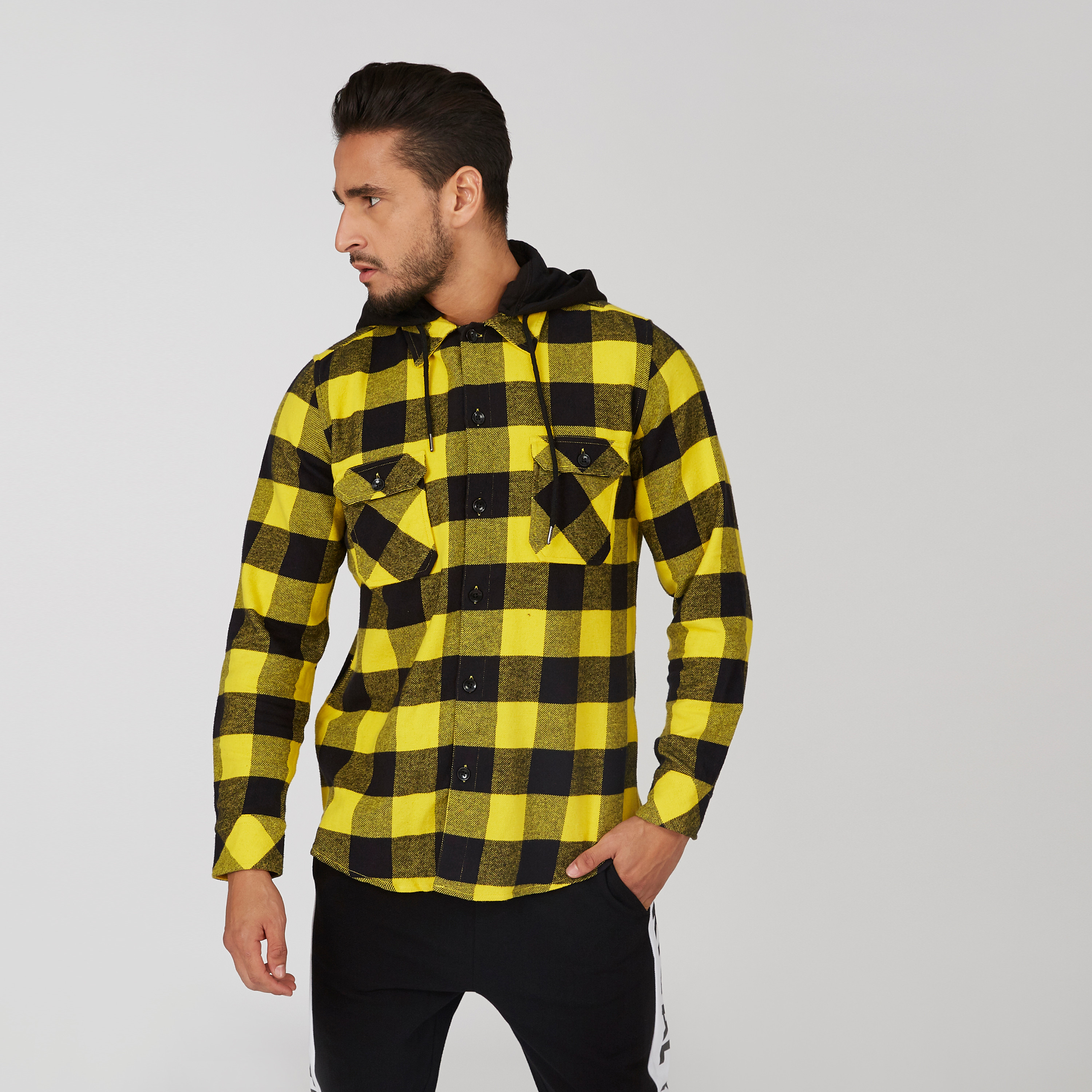Checked Shirt with Buttoned Flap Pockets and Drawstring Hood-men-clothing-shirts-image-11