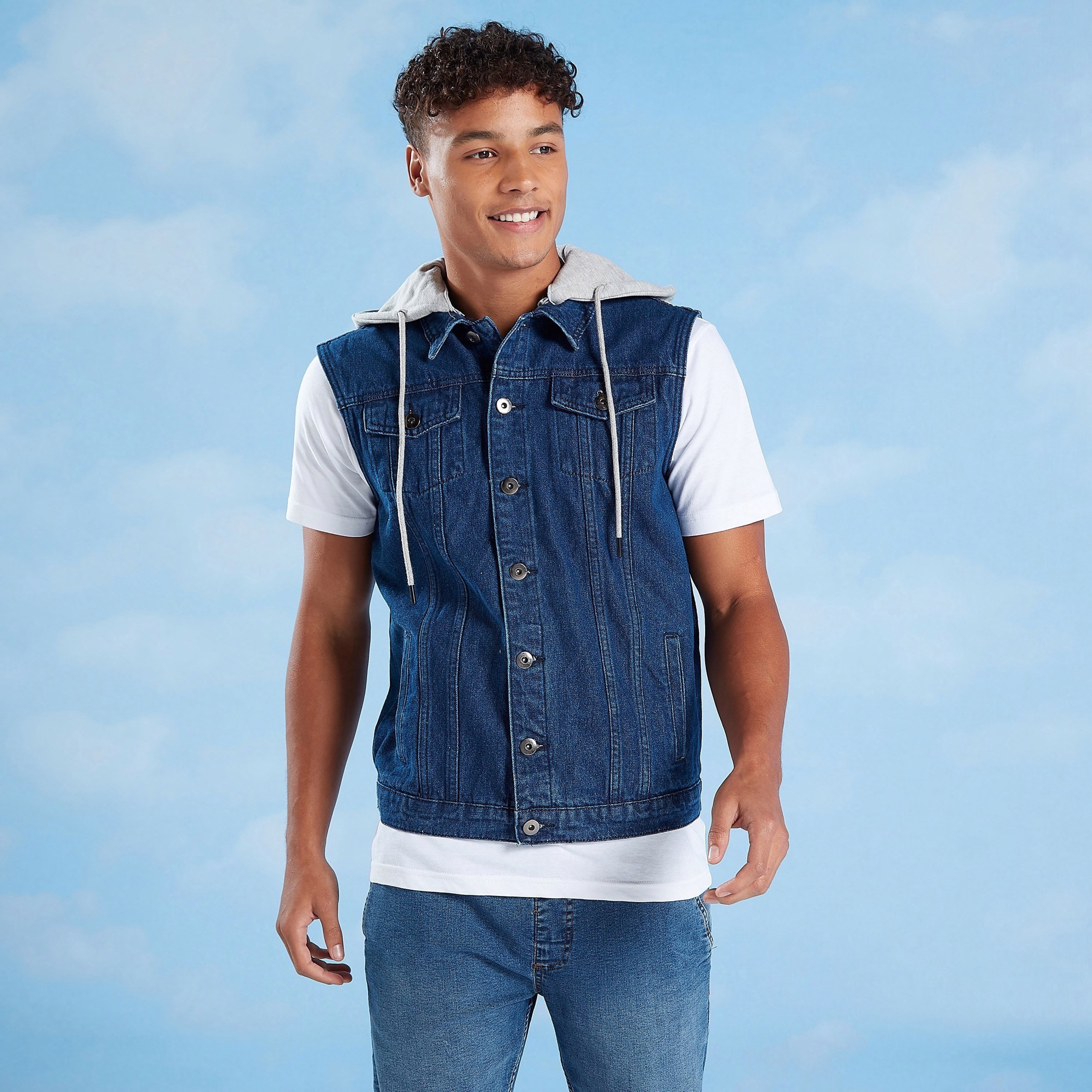 Blue denim hot sale sleeveless jacket