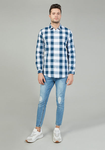 Slim Fit Chequered Shirt with Spread Collar and Long Sleeves