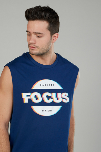 Typographic Print Sleeveless T-shirt with Crew Neck