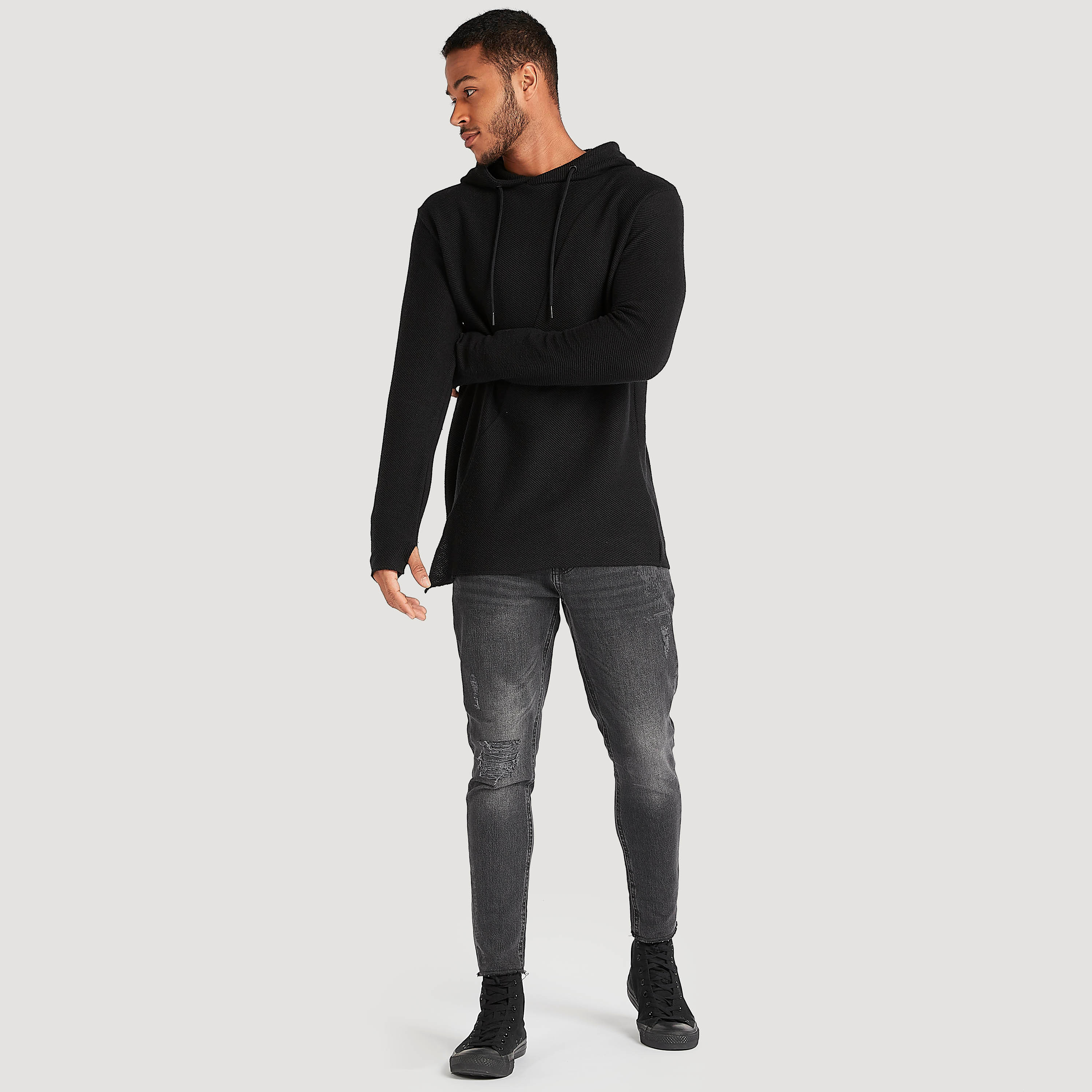 Buy Men s Textured Longline Hoodie with Long Sleeves Online Centrepoint Bahrain