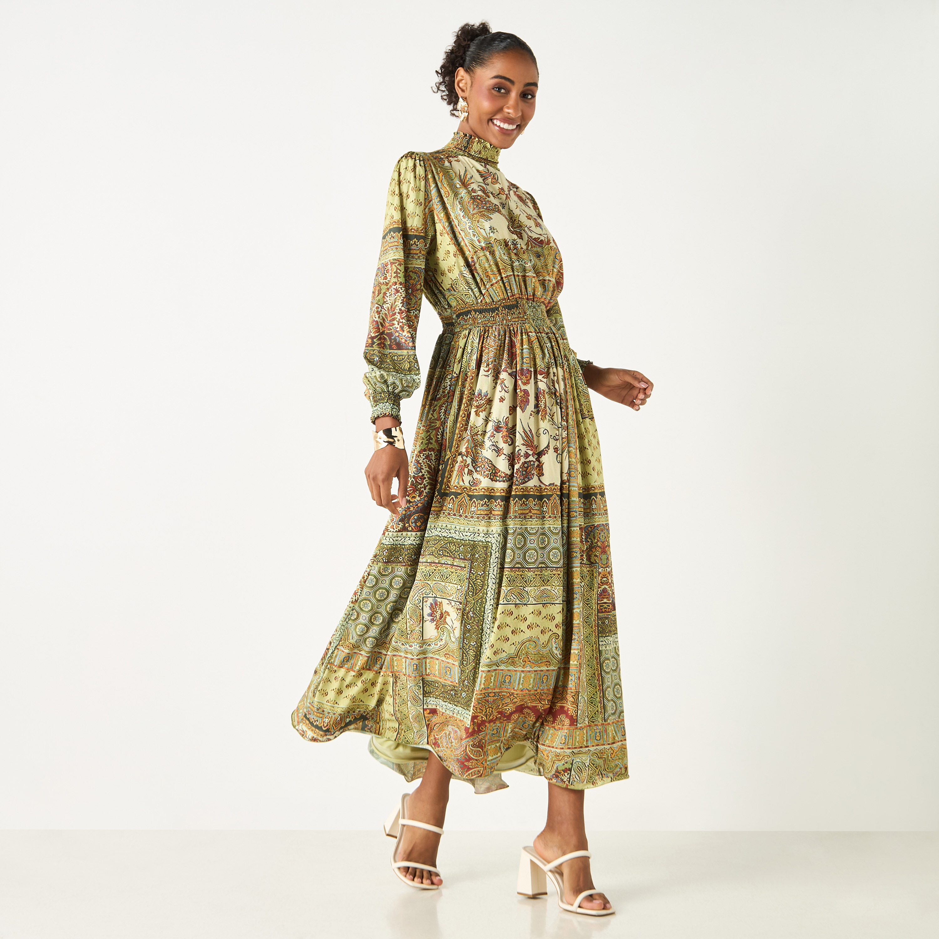 Golden Apple All-Over Print High Neck Dress with Long Sleeves-women-clothing-dresses-image-2