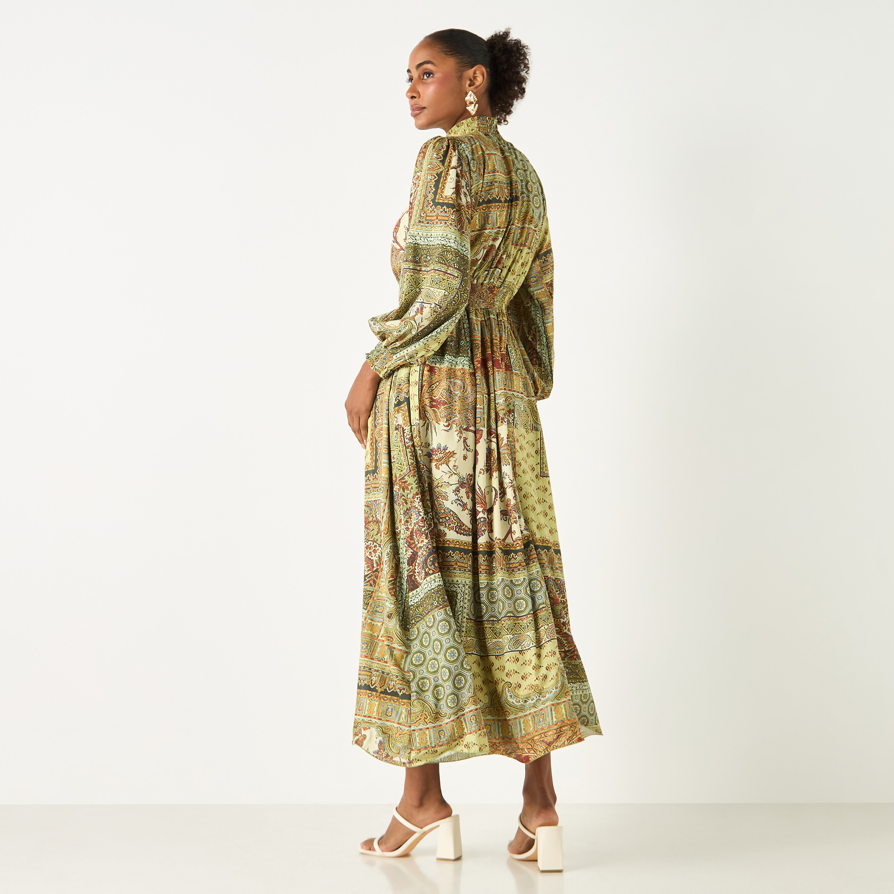 Golden Apple All-Over Print High Neck Dress with Long Sleeves-women-clothing-dresses-image-4