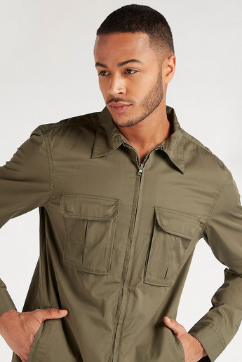 Sustainable Solid Zip Through Shirt with Flap Pockets and Long Sleeves