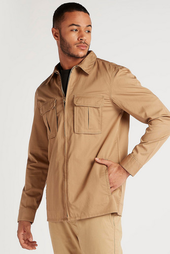 Sustainable Solid Zip Through Shirt with Flap Pockets and Long Sleeves