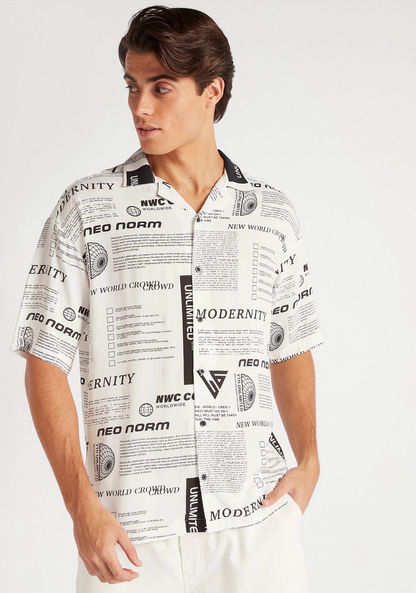 All-Over Print Shirt with Spread Collar and Short Sleeves