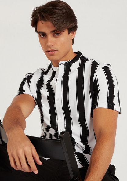 Striped Shirt with Short Sleeves and Mandarin Collar